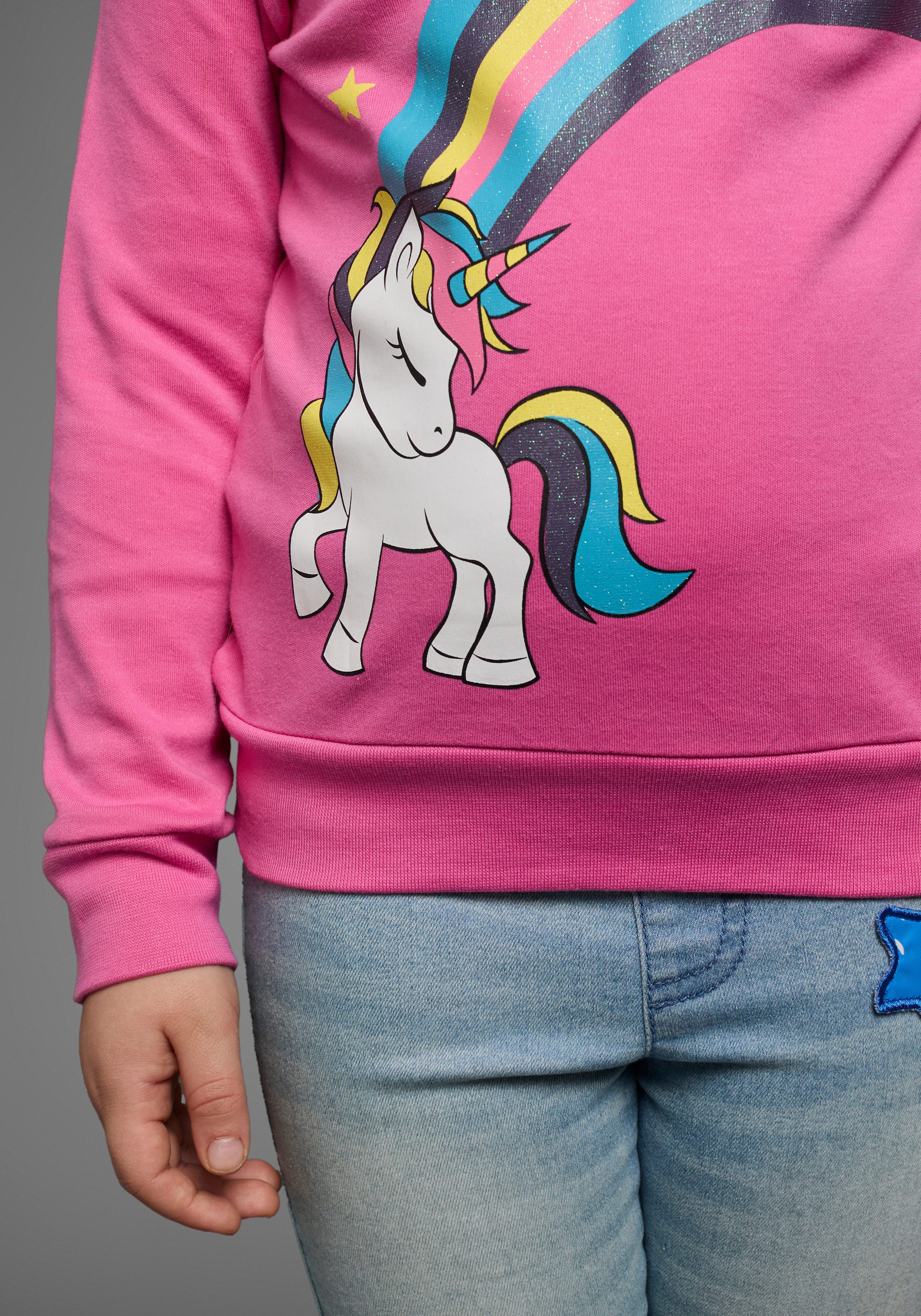 KIDSWORLD Langarmshirt EINHORN Regenbogen Langarm, Basic-Passform, bedruckt, aus Baumwolle