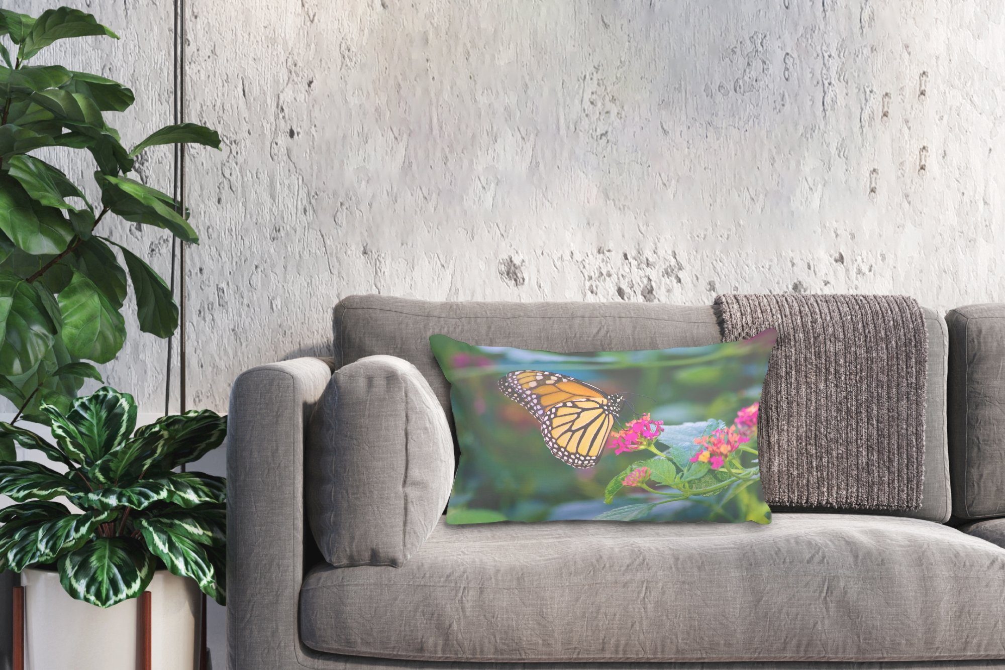 Wohzimmer - Schmetterlinge Schlafzimmer Dekoration, Dekokissen Zierkissen, - mit Blume Natur, MuchoWow Dekokissen Füllung,