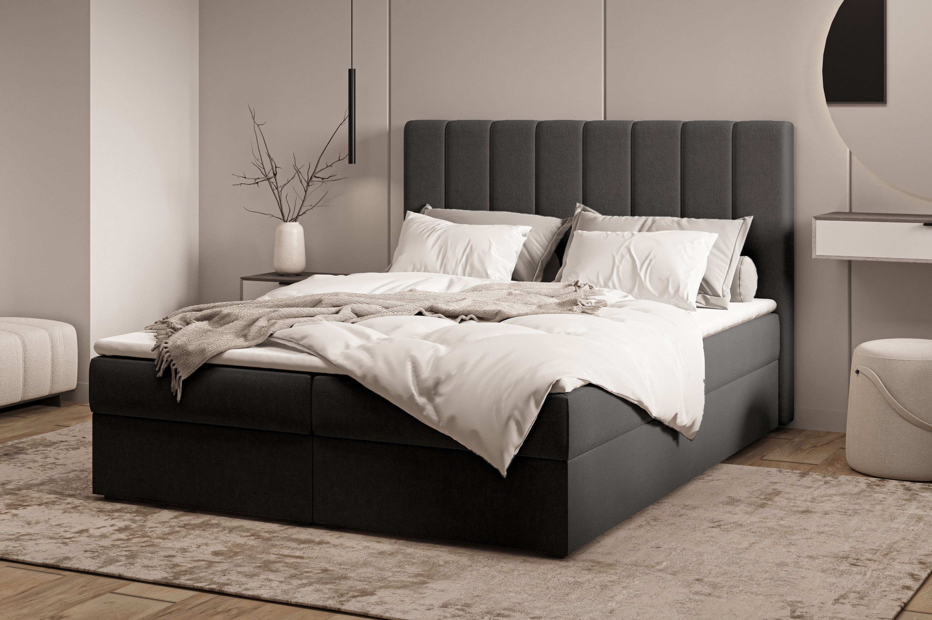 MOEBLO Boxbett Bett 01 (Bonell, Topper, Doppelbett gepolstertes Kopfteil mit Bettkasten Boxbett - 160x200 cm, aus Samt, Polsterbett Kontinentalbett, dekorativem Kopfteil), (BxHxT):143/163/183x113x214 cm
