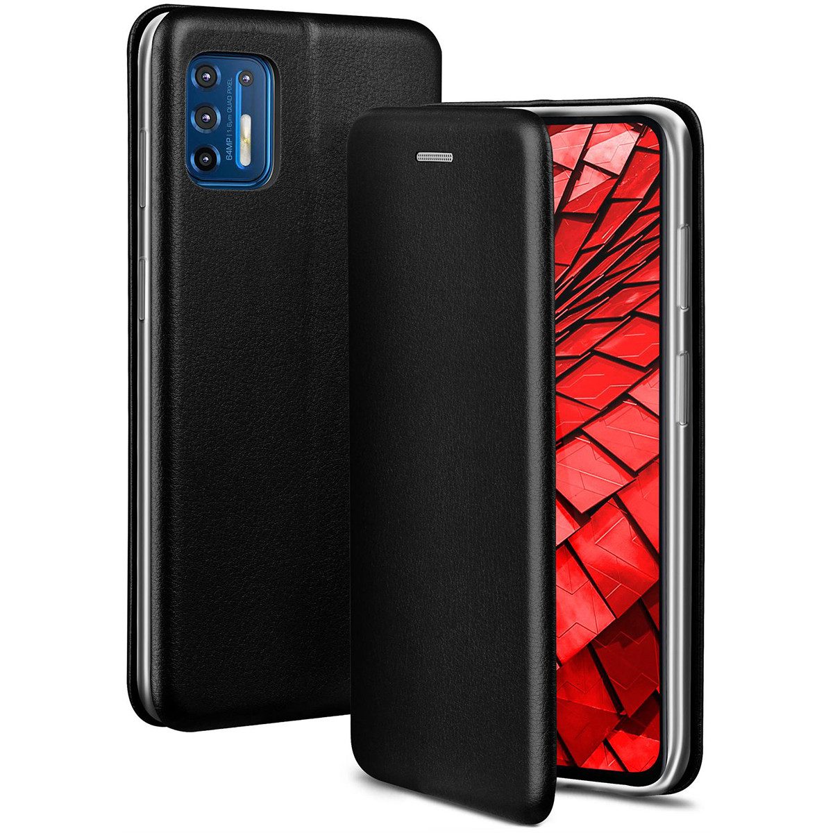 ONEFLOW Handyhülle für Motorola Moto G9 Plus Premium Hülle Business Cover Schwarz 6,81 Zoll, 360 Grad Schutzhülle Flip Case Etui Klapphülle Dünn Leder Handy Tasche