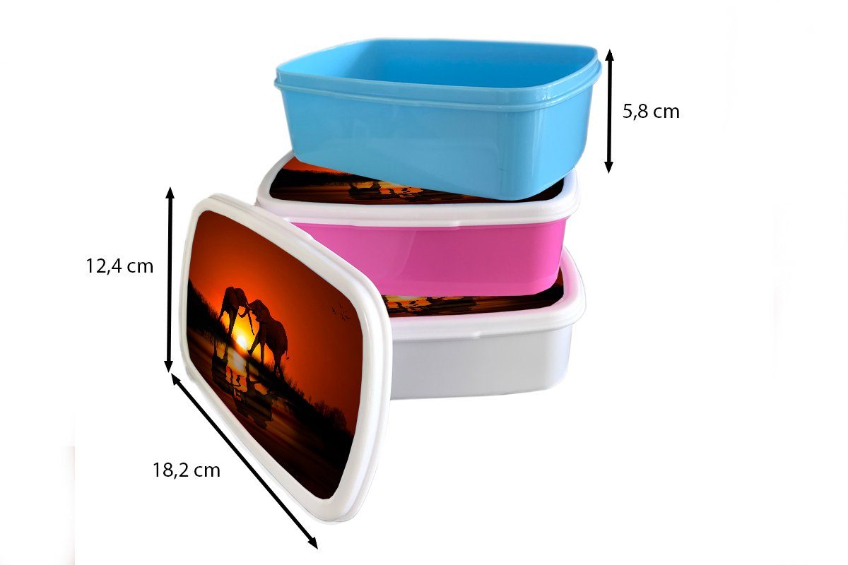 bei MuchoWow weiß Lunchbox Brotbox Jungs Mädchen und und Erwachsene, Elefantenpaar Sonnenuntergang, (2-tlg), Kunststoff, Brotdose, für für Kinder