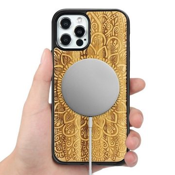 Wigento Smartphone-Hülle Holzfurnier Mandala geprägte Magsafe Hülle Handy Tasche Bambus für Apple iPhone 12 / 12 Pro 6.1 Zoll