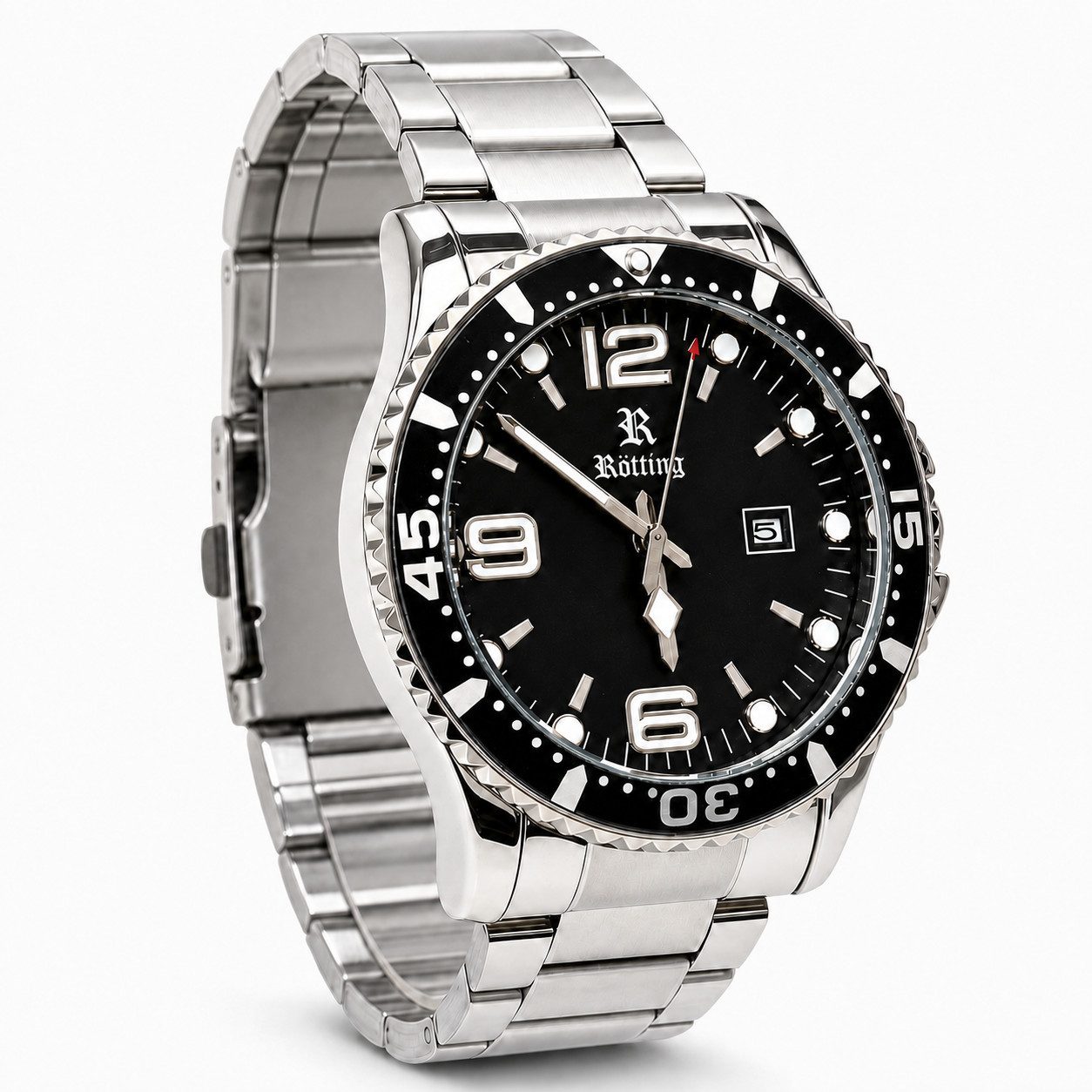 Rötting Design Quarzuhr Herren - Edelstahlarmband - Herrenuhr - schwarzes Zifferblatt, Gehäuse und Armband IP beschichtet, einseitig drehbare Lünette