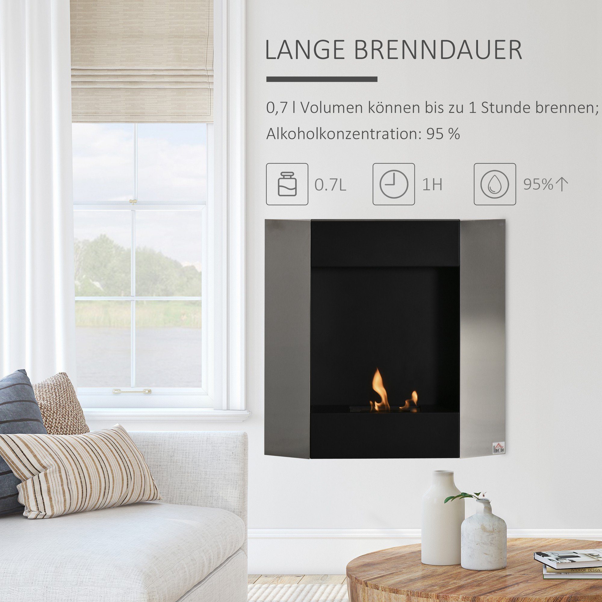 HOMCOM 72 x 11 0,7L Echtfeuer-Dekokamin 72 Std. cm Brenndauer, x 1 Alkohol-Kamin, Bio-Ethanol-Brenner,