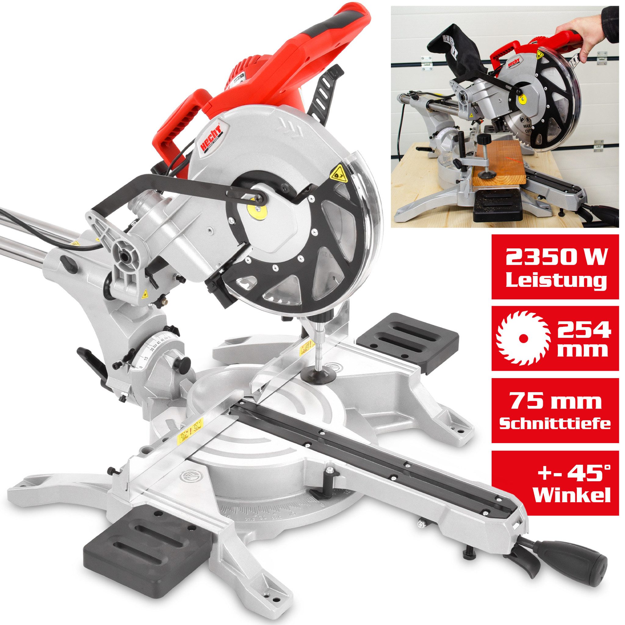 Hecht Zug- und Kappsäge mit Laser, 254 mm Ø Hartmetall-Sägeblatt, 2350W, Absauganschluss, Spänefangsack, Zugfunktion