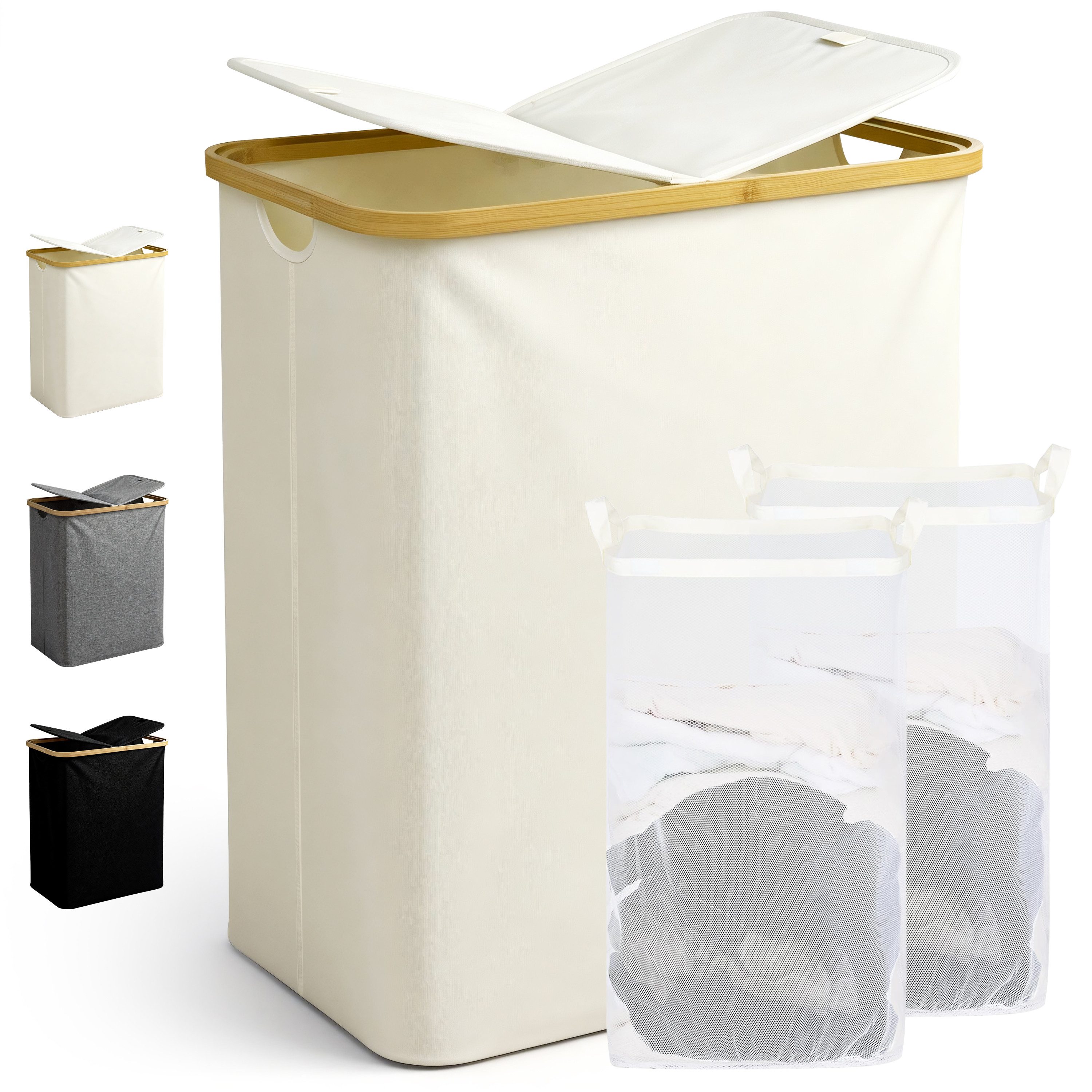 Ribelli Wäschekorb Wäschekorb mit Deckel und Herausnehmbar Wäschesack, Wäschetonne Schmal für Waschküche, Bad, Schlafzimmer, 130L