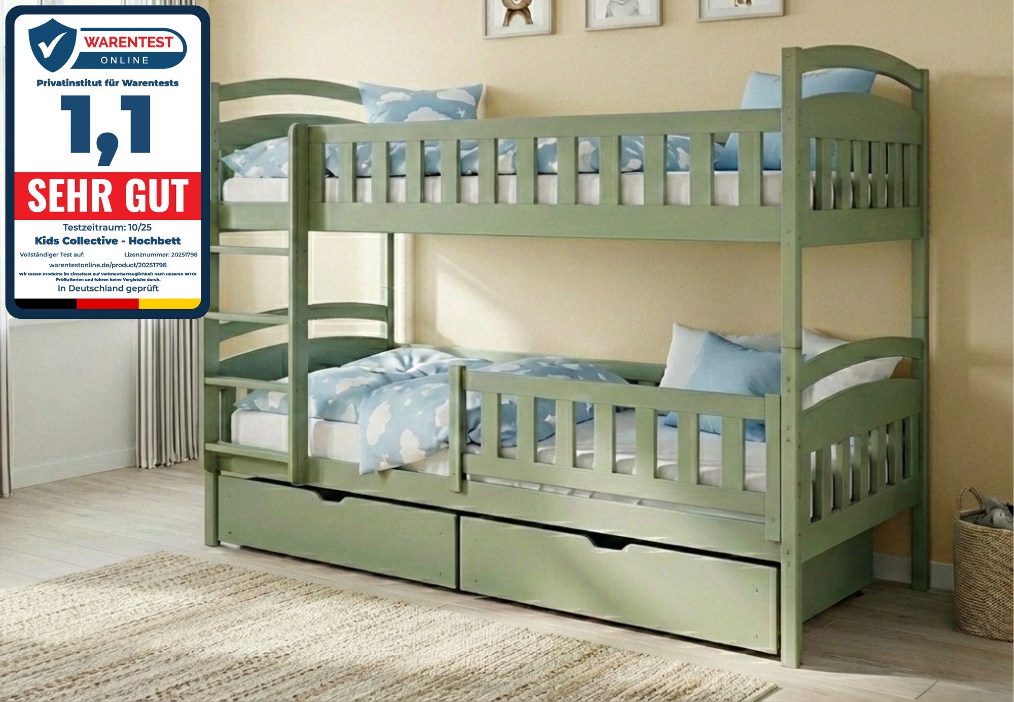 Kids Collective Etagenbett Hochbett Kinderbett 90x200 umbaubar in zwei Einzelbetten (Modell 2025), 90x200 mit zwei Schubladen Lattenrost Rausfallschutz Vollholz Olivgrün