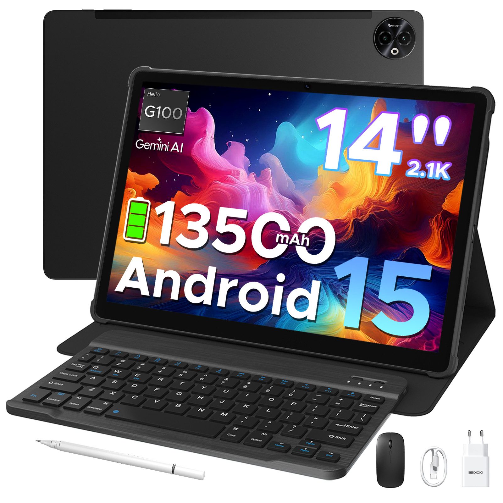 DOOGEE 2026 DOOGEE TabE3Max 14 zoll Tablet mit Tastatur 13500mAh 4G SIM Tablet (14", 256 GB, Android 15, 4G, 13500mAh, 32 GB RAM (8+24 GB)+256GB, Gemini AI, 5G WiFi, Dual 4G LTE)