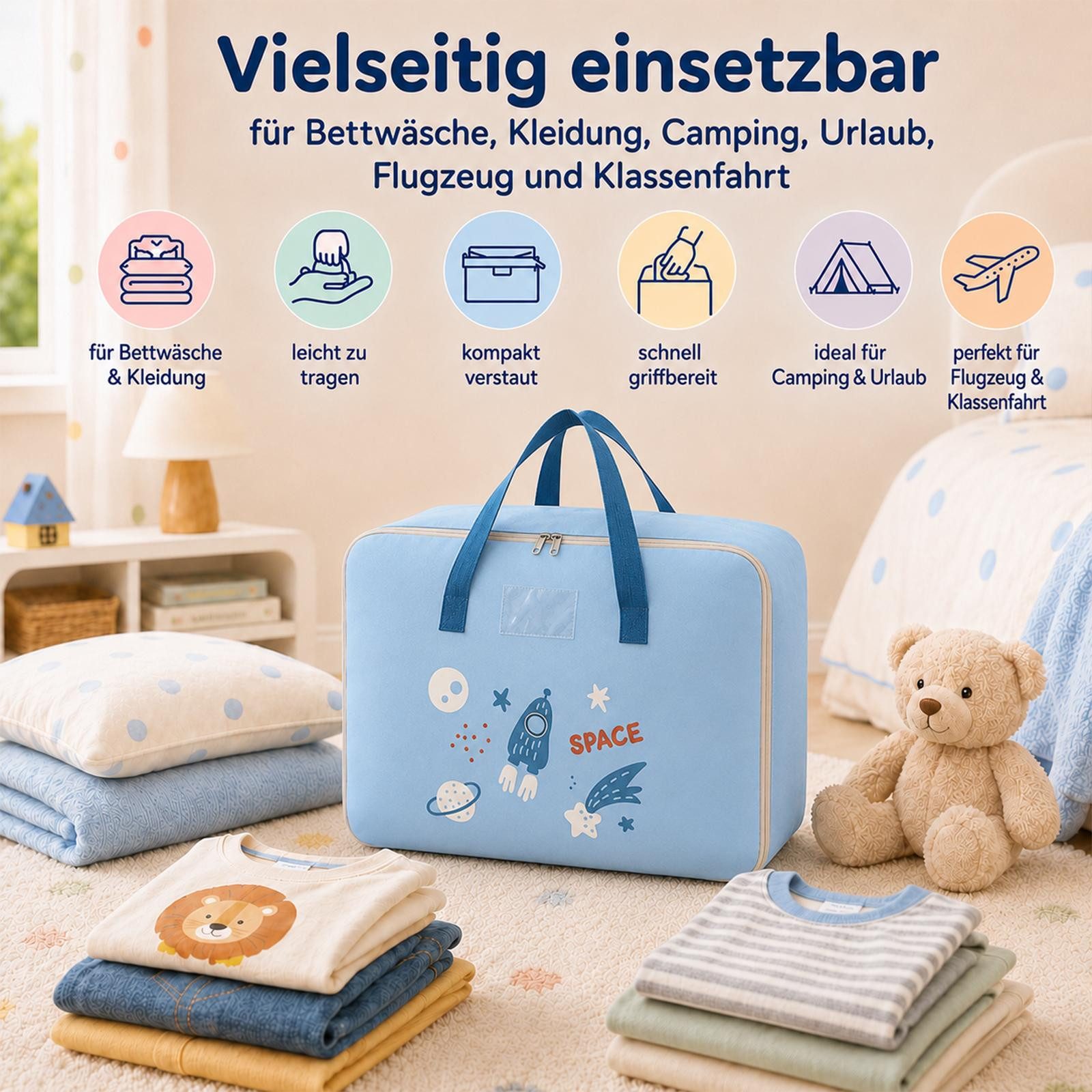 VERCO Reisetasche Kinder Gepäcktasche faltbar für Klassenfahrt (1-tlg), Faltbare Aufbewahrungstasche Kinderzimmer Camping Urlaub