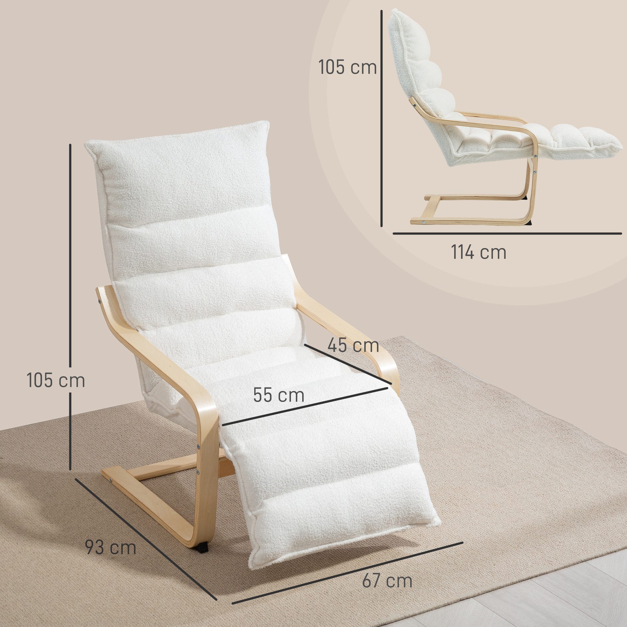 HOMCOM Relaxsessel Lounge-Sessel aus Birkenholz (gepolsterter Relaxsessel mit verstellbarer Fußstütze, 1-St., moderner Sessel für Wohnzimmer), 93-114 x 67 x 105 cm, Weiß