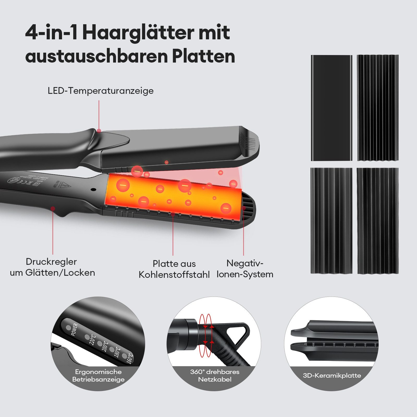 CkeyiN Pro Welleneisen Glätteisen Kreppeisen, 4-in-1-Haarglätter,Kreppeisen für Haare Keramik-Turmalin-Beschichtung, Austauschbaren Platten, 30 Sekunden Aufwärm – Bild 3 von 5