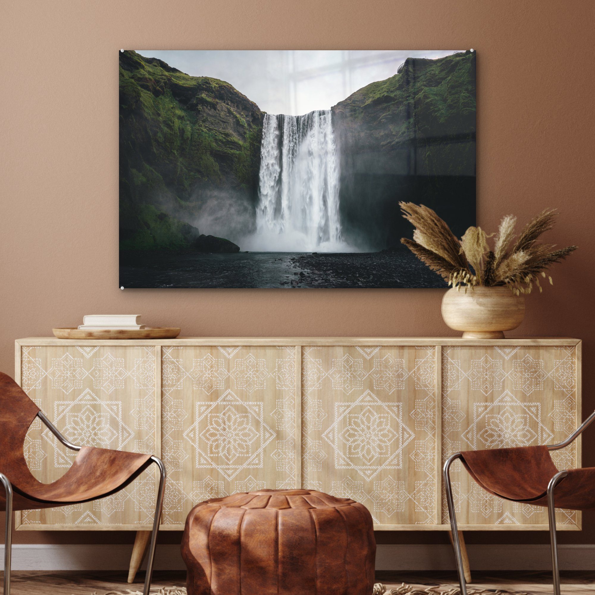 Wohnzimmer (1 & Wasserfall Acrylglasbilder Island Felsen, - - Acrylglasbild Schlafzimmer MuchoWow St),