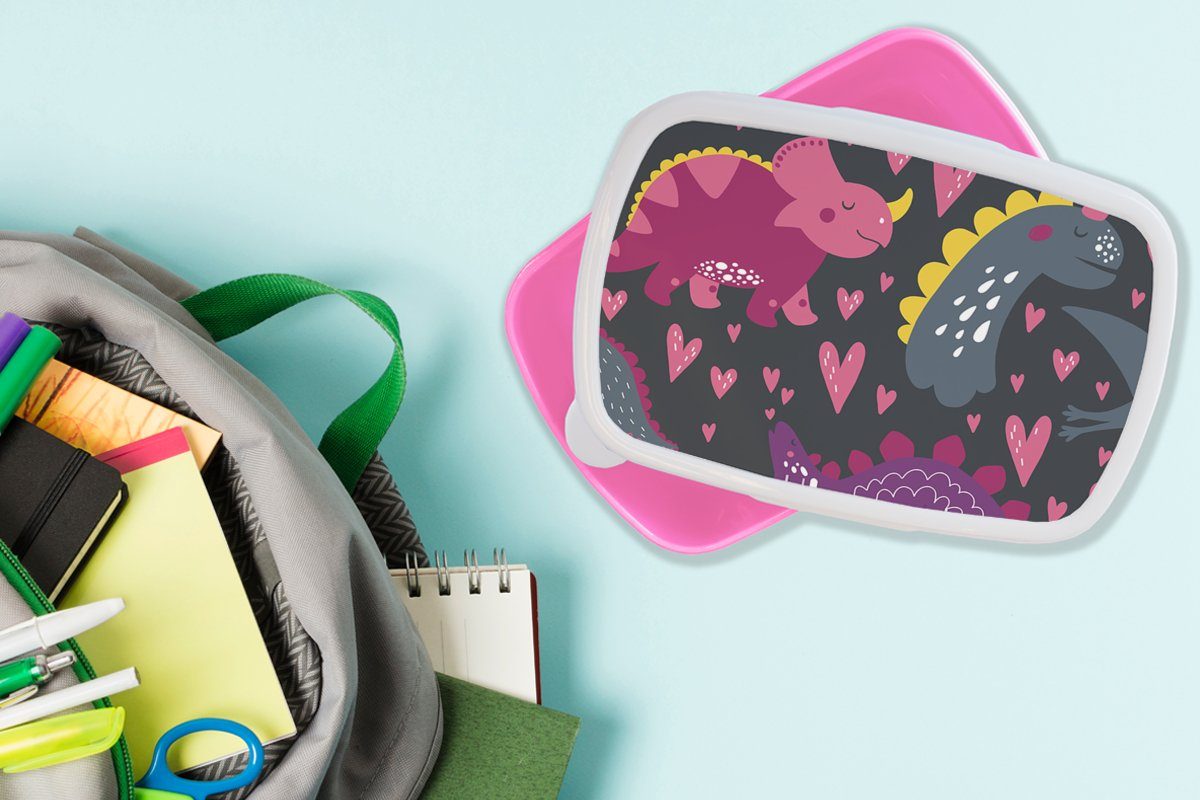 Lunchbox Kinder, - Kunststoff MuchoWow - Erwachsene, - Brotbox Snackbox, Rosa Brotdose für Mädchen, Dinosaurier (2-tlg), - Mädchen, Kind Kunststoff, Muster