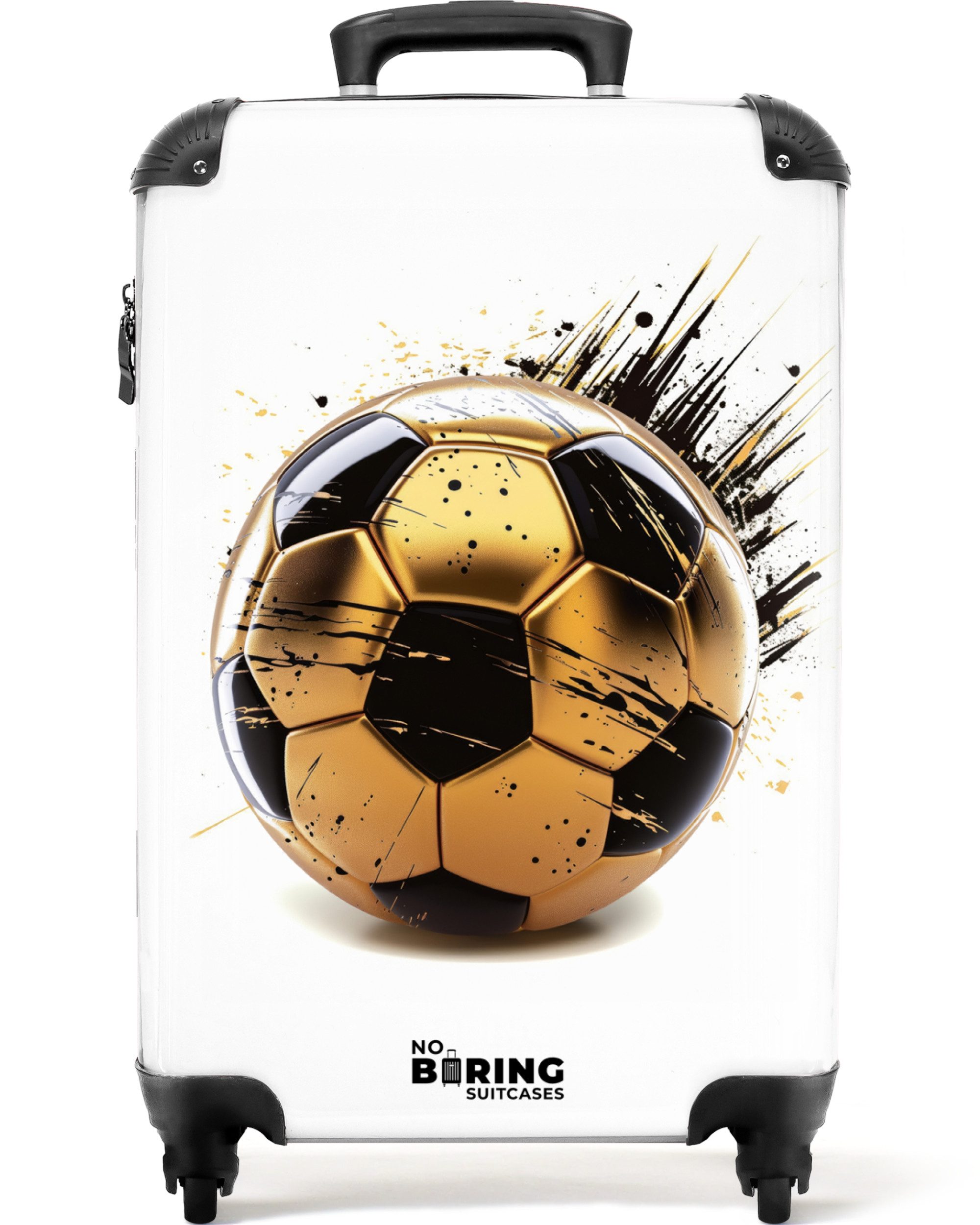 NoBoringSuitcases.com© Kinderkoffer Gold-schwarzer Fußball mit Farbspritzern 55x35x20cm, 4 Rollen, Kinder Koffer Klein, Trolley Handgepäck, Reisekoffer