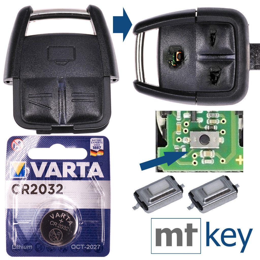 mt-key Auto Schlüssel Reparatur Gehäuse 3 Tasten + 2x Taster + VARTA CR2032 Knopfzelle, CR2032 (3 V), für Opel VECTRA C SIGNUM Funk Fernbedienung