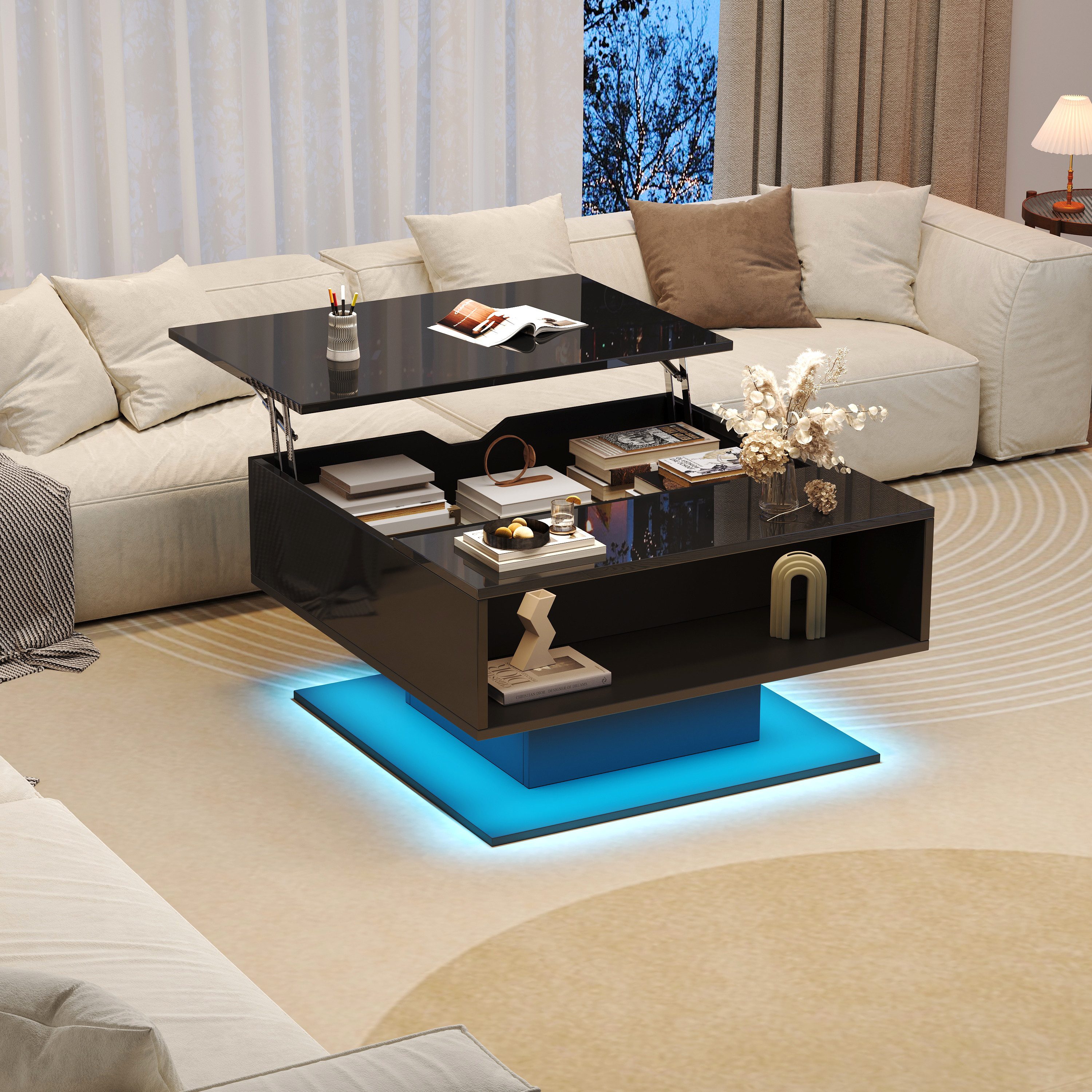 Merax Couchtisch hochglanz Sofatisch anhebbarer Beistelltisch mit LED-Beleuchtung (1-St., 80x75x40 cm), Wohnzimmertisch mit verstecktem Stauraum & halboffenem Regal
