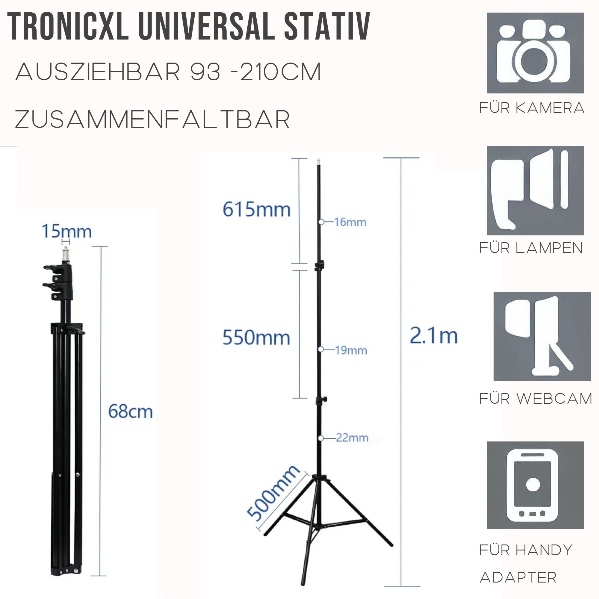 TronicXL 210cm Stativ Tripod Kamera Licht Actioncam Webcam Ständer Halterung Stativhalterung (Höhe: 210cm) – Bild 2 von 4