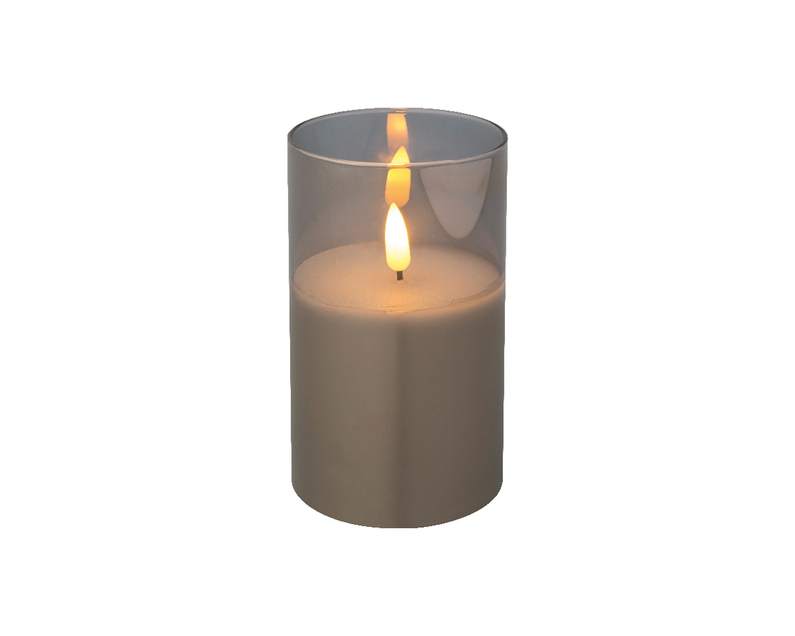 Lumineo LED-Kerze, Timer, warmweiß, LED Kerze im Glas 7,5x12,5cm mit Timer Wachs Rauchgrau / Warmweiß