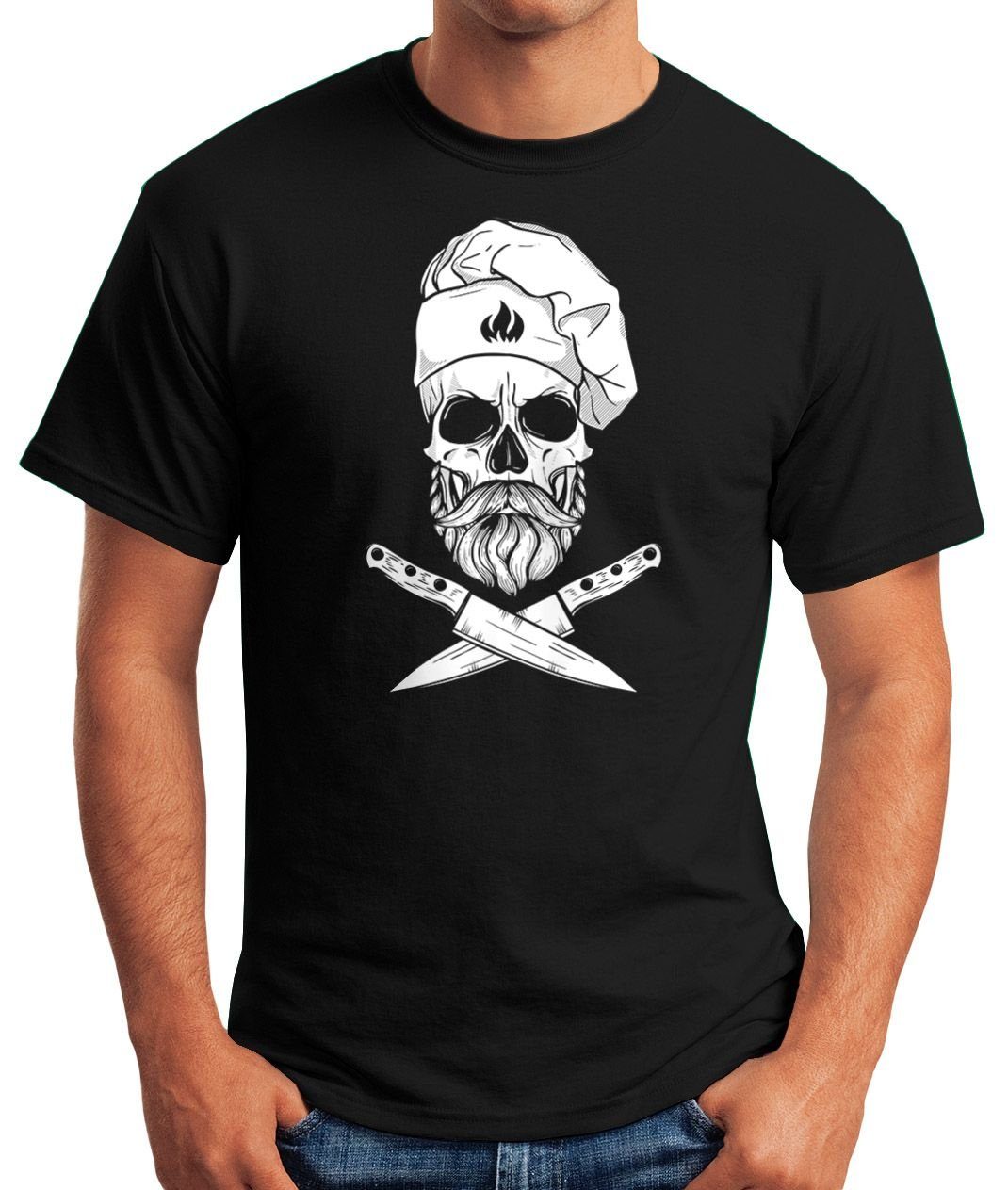 MoonWorks Print-Shirt Herren mit Koch Print Hipster Chef schwarz Totenkopf Messer Moonworks® T-Shirt Grill-Shirt Grillen Skull