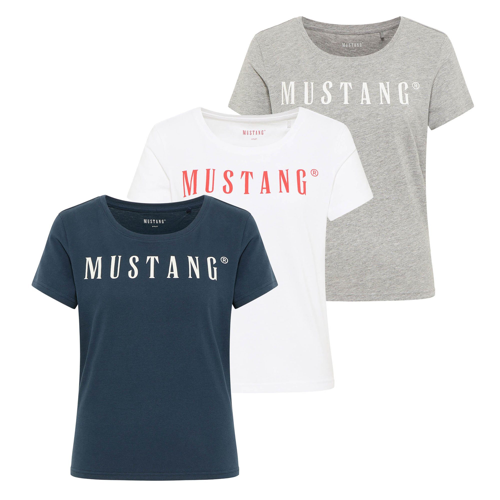 MUSTANG T-Shirt Damen T-Shirt 3er Pack Baumwolle Style Alma 3P (Packung, 3er Pack)