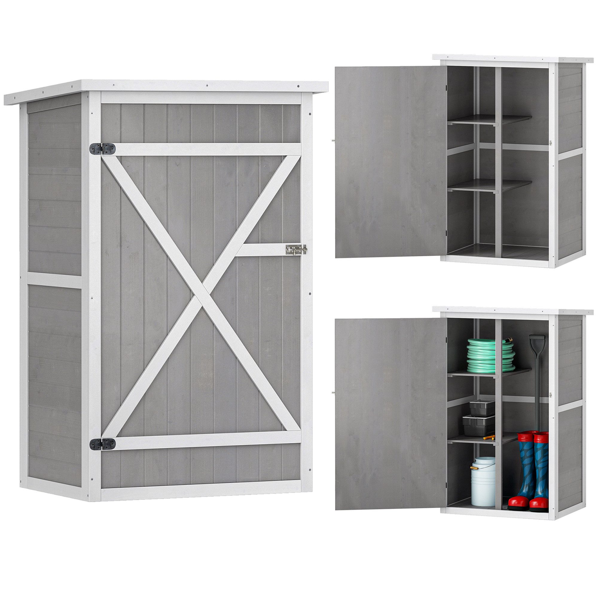 Outsunny Gerätehaus Gartenhaus, Geräteschuppen mit Regalböden, BxT: 75x56 cm, (Gartenschrank, 1 St., Geräteschrank), für Garten, Naturholz, Schwarz+Grau+Weiß