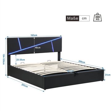 Ulife Polsterbett hydraulisches Doppelbett Funktionsbett Bettrahmen (mit LED-Lichtleisten,mit Lattenrost, Rückenlehne), Hydraulisches Funktionsbett, Synthetisches Leder,160 cm x 200 cm