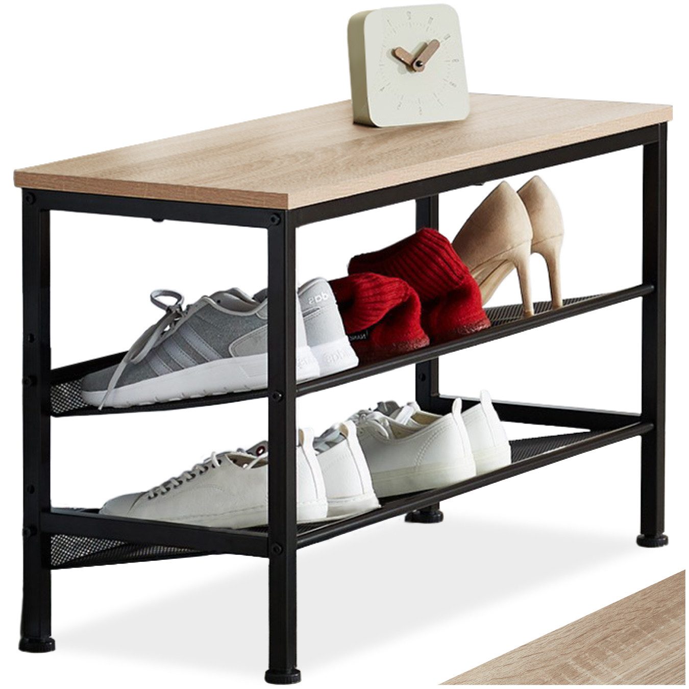 tectake Schuhregal Flurregal aus Holz und Stahl, 75,5 x 30,5 x 45,5 cm, Schuhablage mit Gitterablagen Derry 1-tlg., Ablage und 2 Gitterablagen, mit höhenverstellbaren Kunststofffüßen