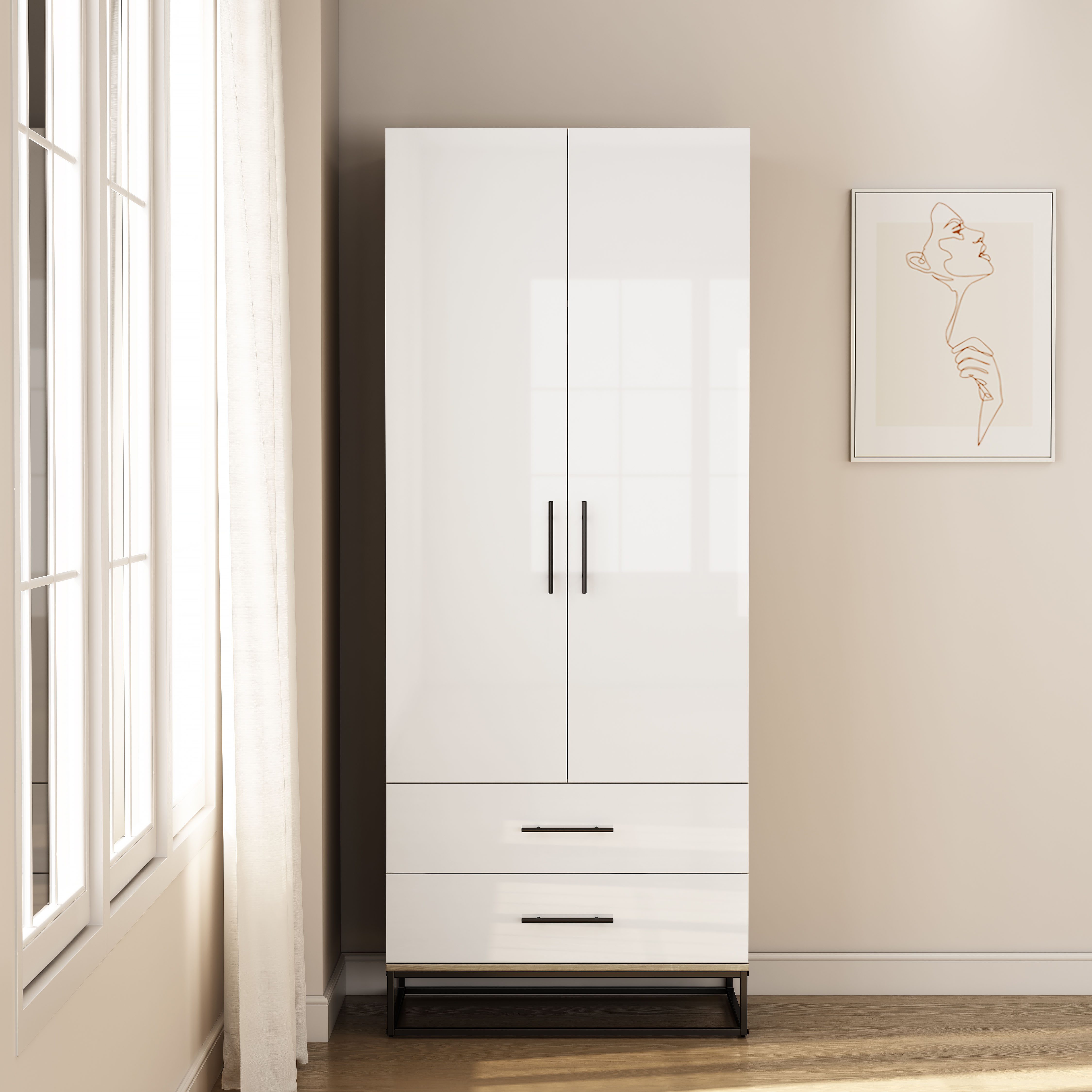 OTTO home Kleiderschrank Lucca Schlafzimmerschrank Garderobe hochglanz Bestseller (Hochwertige schwarze Griffe und Kufengestell) Schlafzimmerschrank mit 2 Türen und 2 Schubladen, Breite 80cm