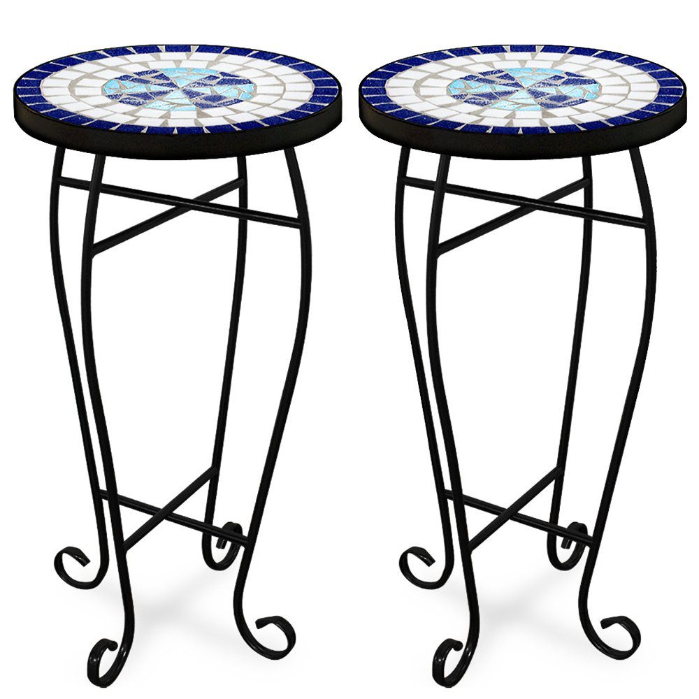 Deuba Gartentisch (2St), Mosaiktisch 2er Set Blumenhocker Blau Weiß