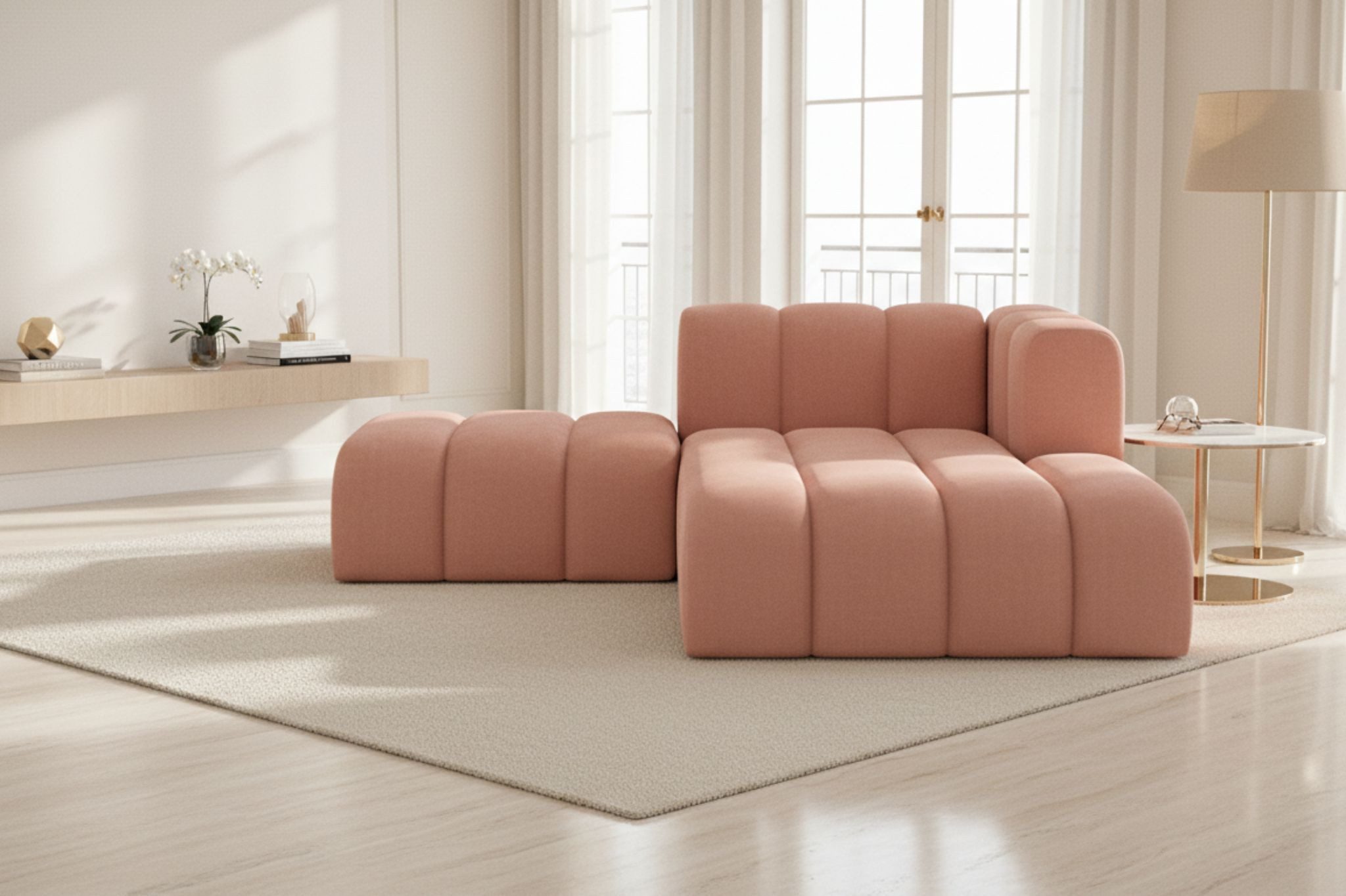 Kaiser Möbel Chaiselongue Grand mit Hocker aus Veloursstoff Salvador, Set (Chaiselongue + Hocker), abgerundete Form,modulares Möbelstück,pflegeleichter Veloursstoff