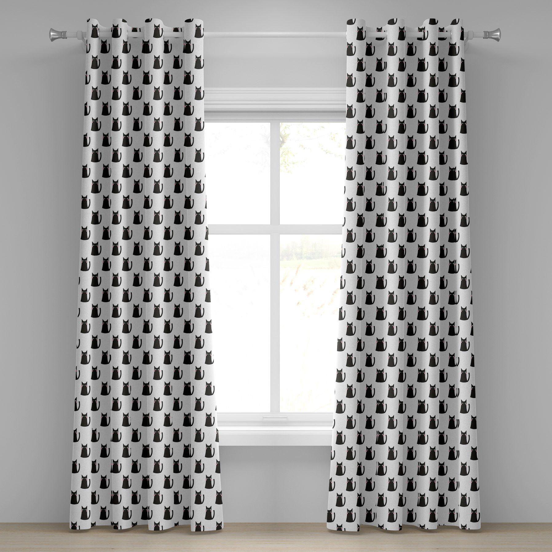 Gardine Dekorative 2-Panel-Fenstervorhänge für Schlafzimmer Wohnzimmer, Abakuhaus, Katze Auszugs-Monochrom