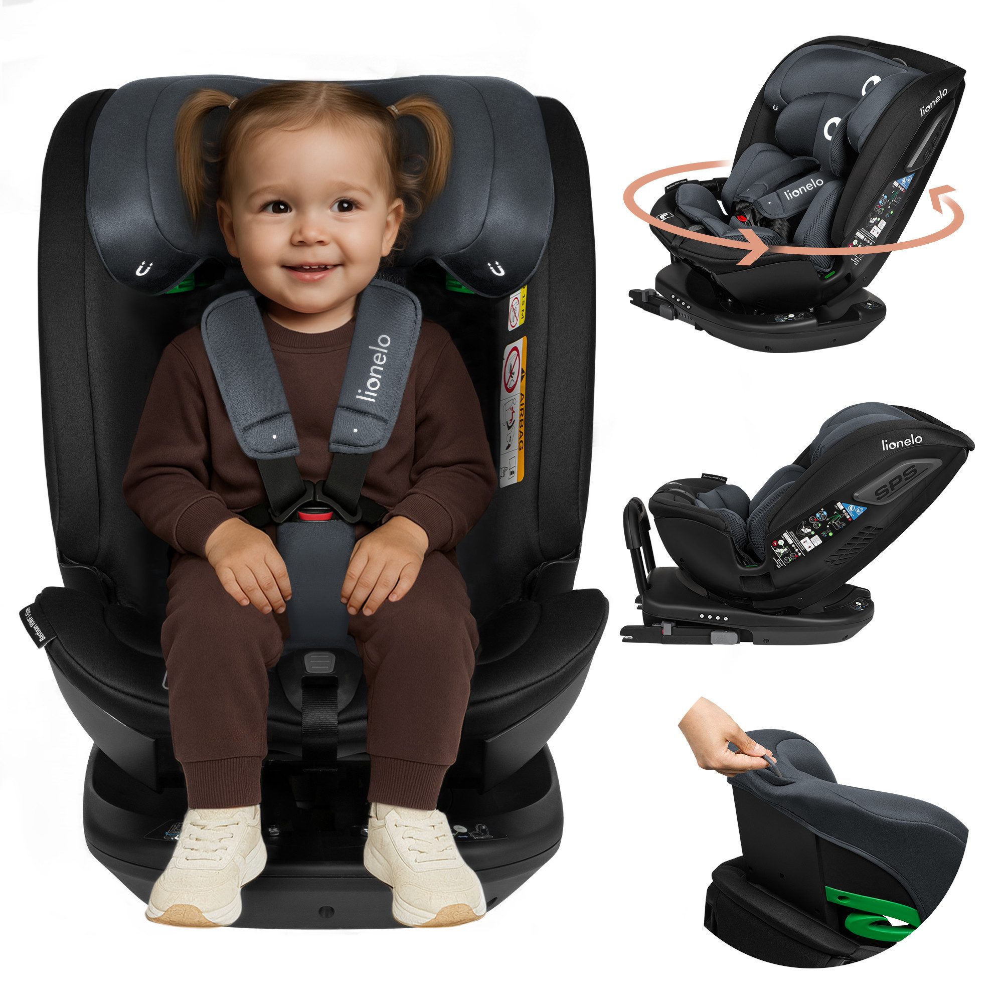 lionelo Autokindersitz Bastiaan RWF i-Size, ab: ab 0, bis: bis 150 cm (36kg), ab: 40,00 cm, bis: 150,00 cm, (Set), 4 Sitze in 1/360' drehbare Basis / ISOFIX / Top-Tether