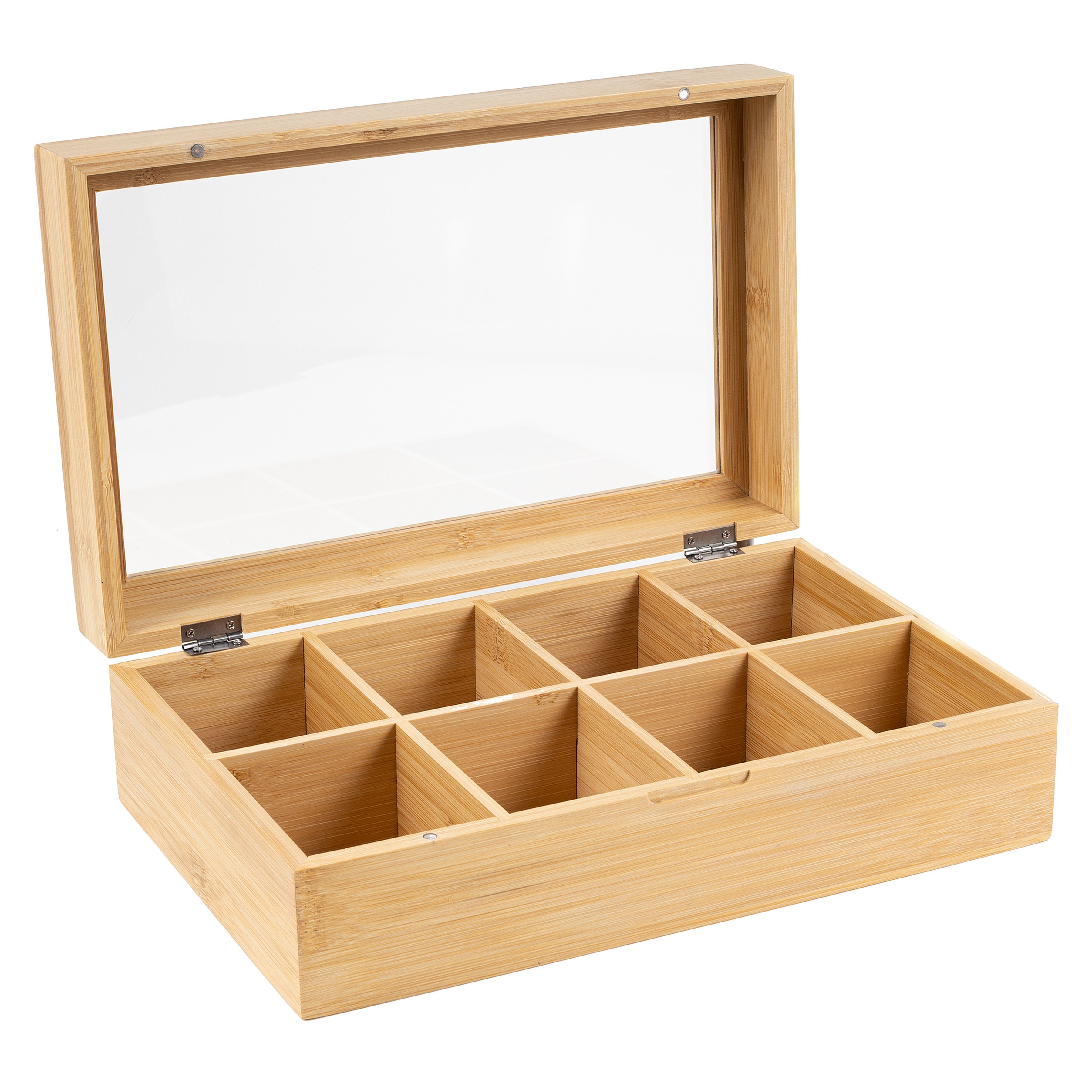 Hanseküche Teebox Premium Teebox – FSC®-zertifiziert, Bambus, (Teebox, 1-tlg., mit 8 Fächern), Deckel mit Sichtfenster, Platzsparendes Format für 136 Teebeutel