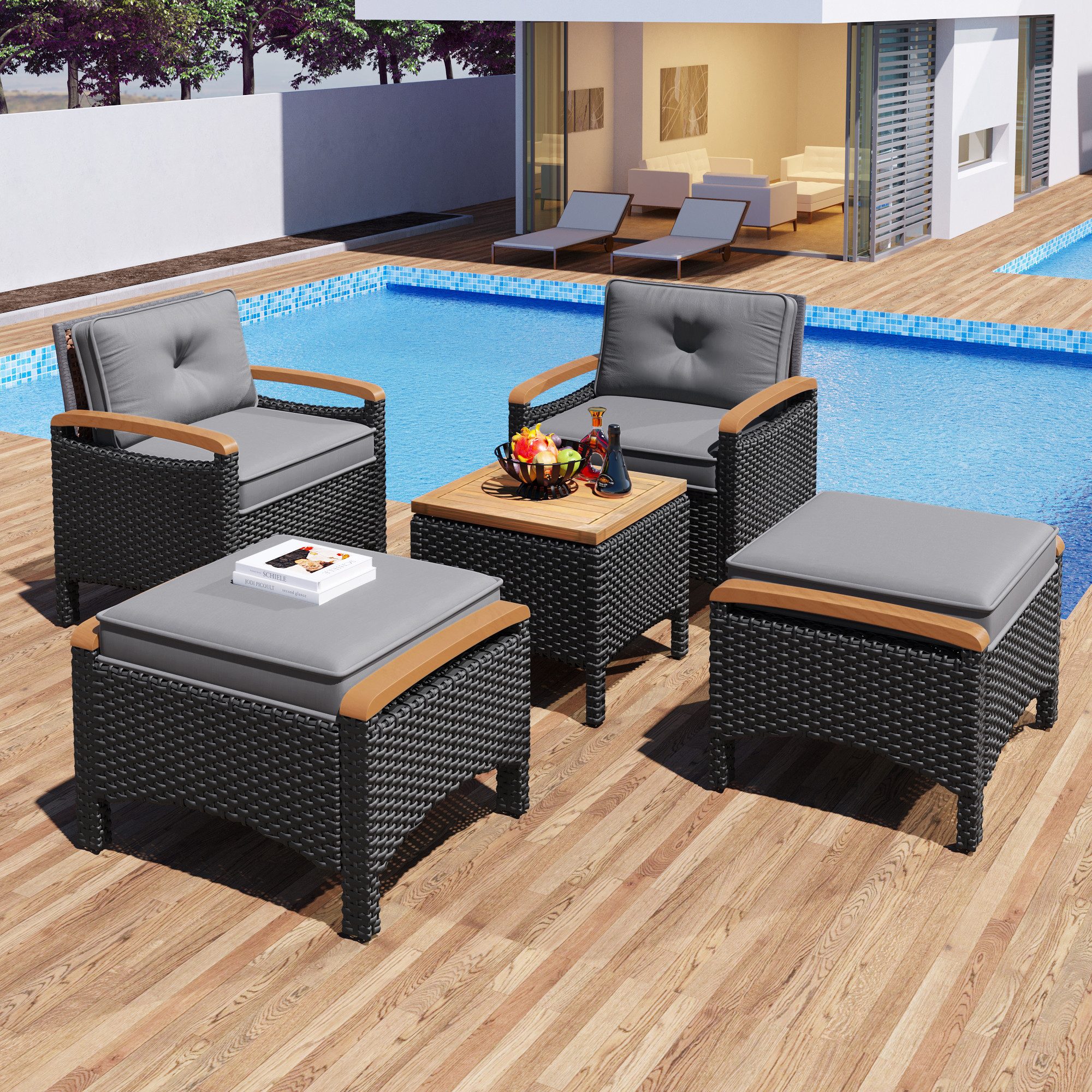 Gartenlounge-Set Garten-Essgruppe Rattan Outdoor Gartenmöbel mit Akazienplatte & Kissen