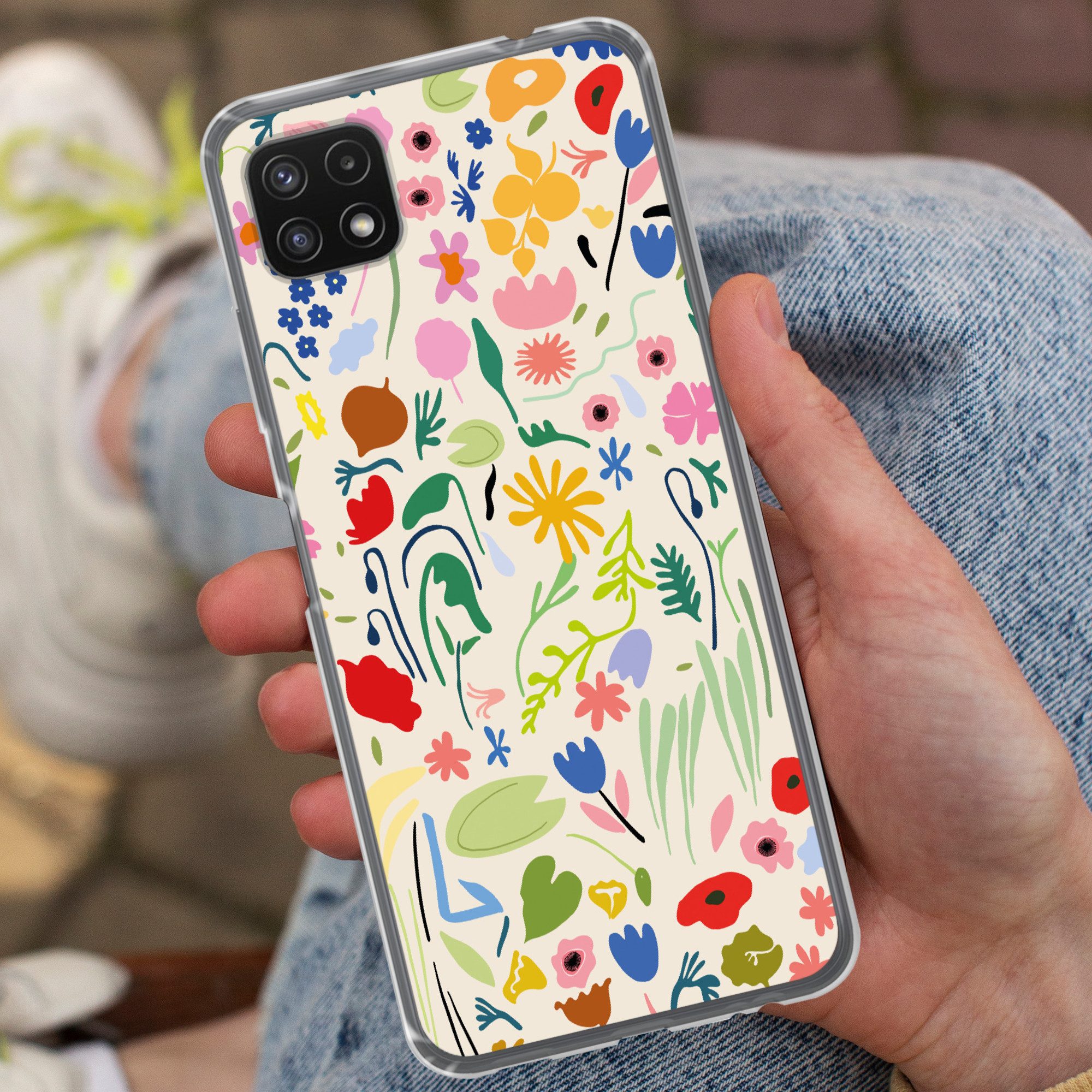 MuchoWow Handyhülle für Samsung Galaxy A22 5G Blumen - Muster - Pflanzen, Smartphone-Bumper, Print, Handy Schutzhülle Dünn