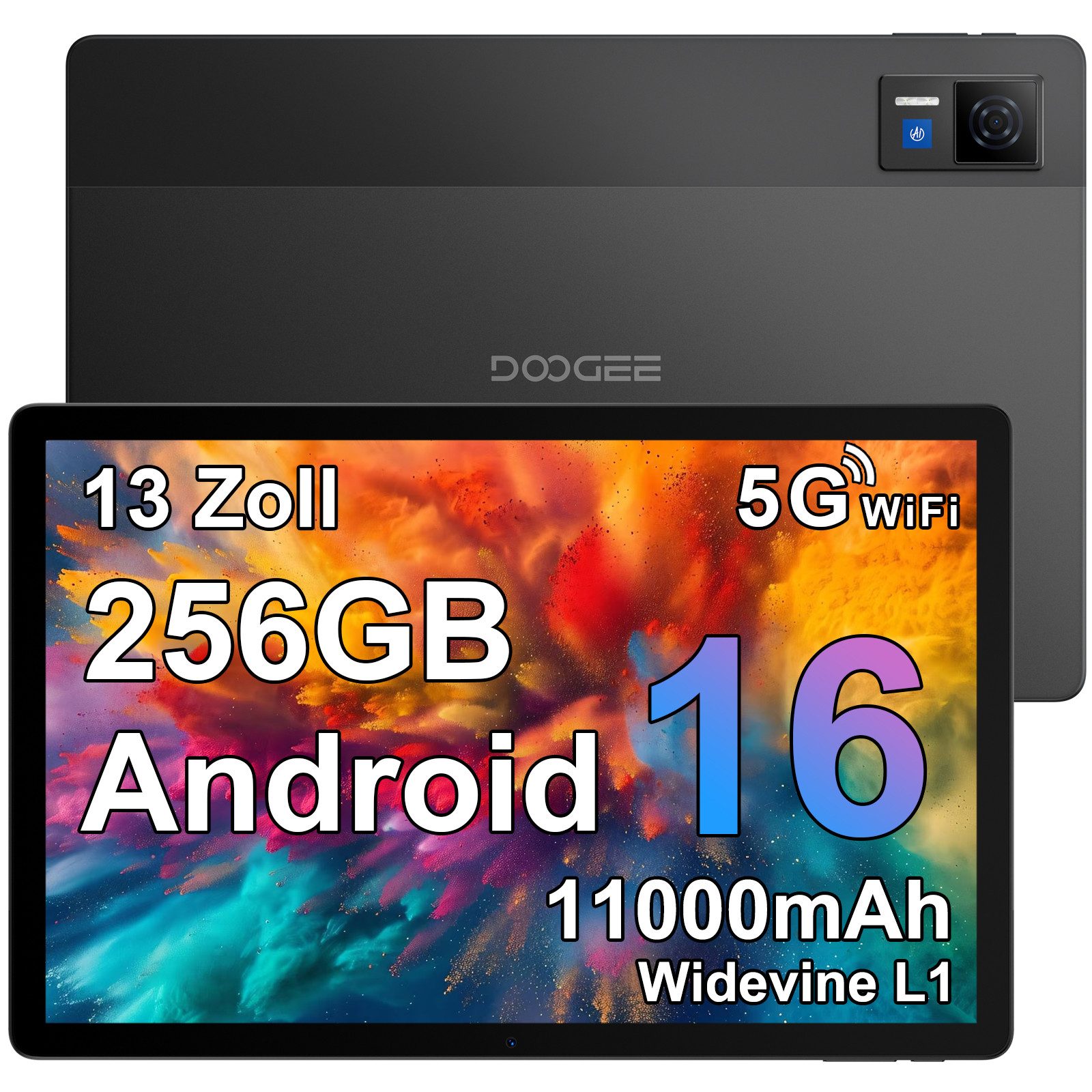 DOOGEE U13 Android 16, 32GB RAM+256GB ROM (2TB TF), 11000mAh Tablet (13", 256 GB, Android 16, 13MP+5MP, 5G WiFi, Widevine L1, GPS, Face ID, OTG)