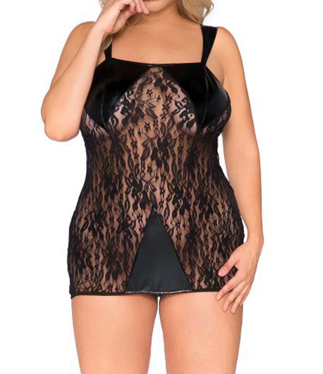 Andalea Set: Dekolleté-BH Schwarzes Wetlook Chemise transparent mit Spitze Damen Negligee XXL Pl