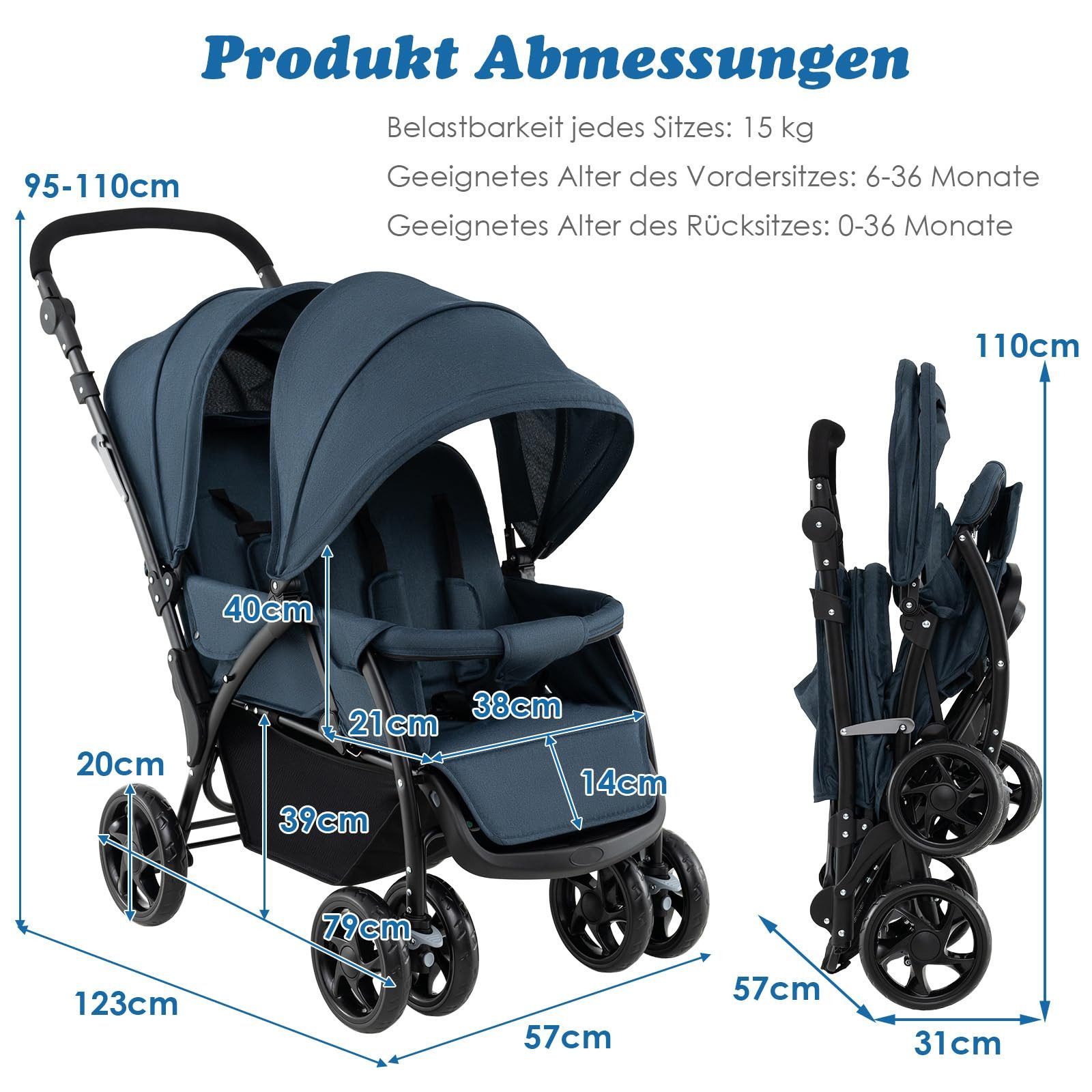 COSTWAY Geschwisterwagen Zwillingsbuggy, mit 5-Punkt Gurt & Einkaufskorb
