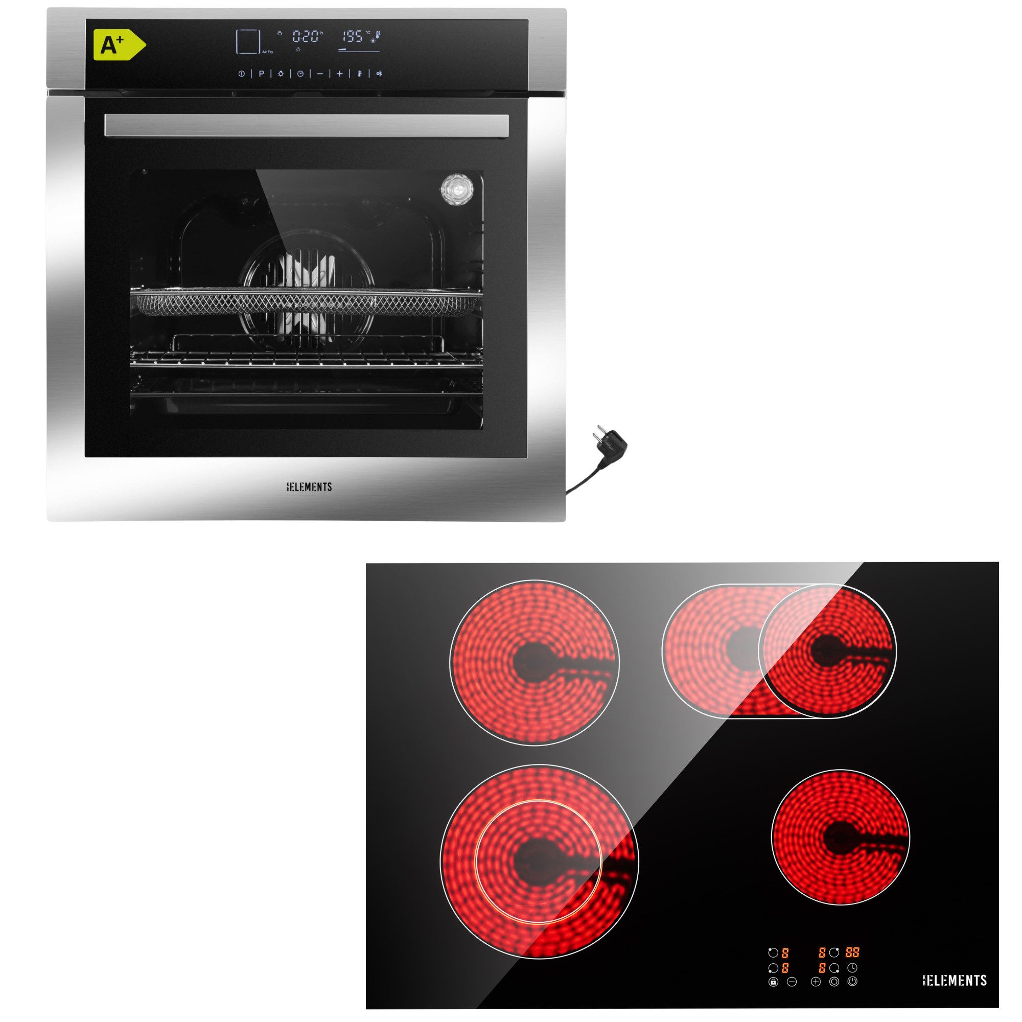 KB Elements Backofen-Set Einbaubackofen 60 cm mit 4-Zonen Glaskeramik Kochfeld 60 cm, mit 2-fach-Teleskopauszug, AQUA CLEAN, Einbaubackofen Full Touch mit 15 Funktionen, Air Fry Funktion
