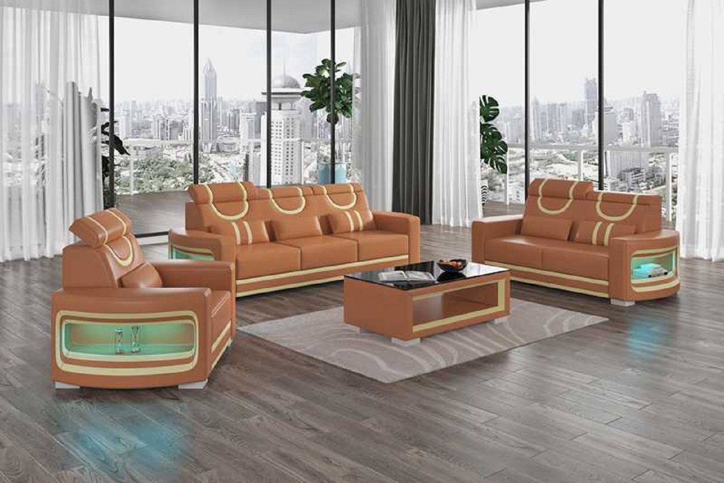 Luxus Sofa (3-St., 321, Wohnzimmer-Set + 2+3 Sofa Europe Kunstleder Sessel), Nur Sofagarnitur JVmoebel Braun Couchgarnitur Sitzer Komplette in Made