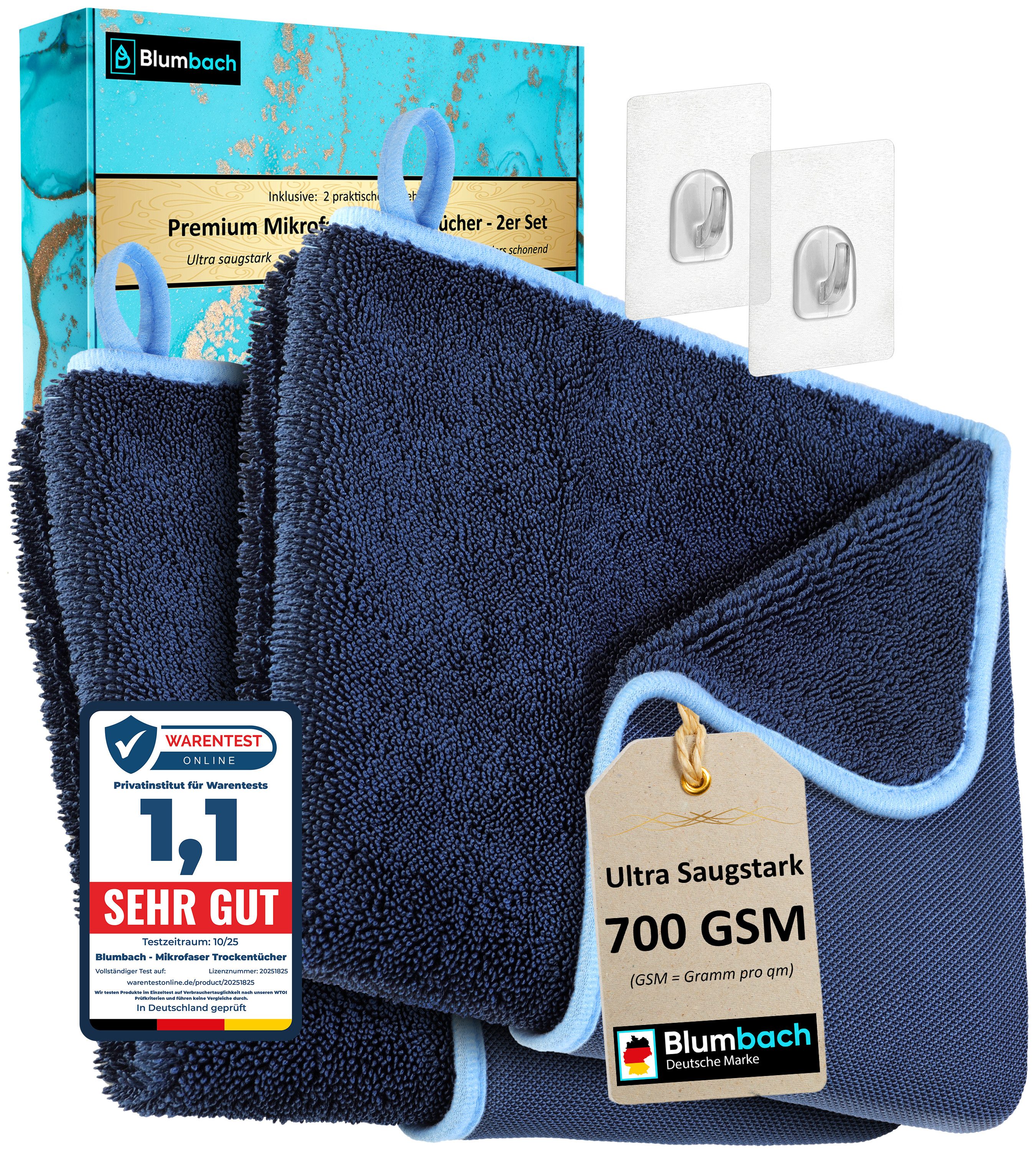 Blumbach Trockentuch Dusche & Auto 700 GSM, Mikrofasertuch (40x60 cm, 2er oder 3er Set inkl. 2 Klebehaken, 2-tlg., Microfaser Trockentuch Auto, Inkl. 2 Klebehaken, Fast Dry Microfaser Putztuch)