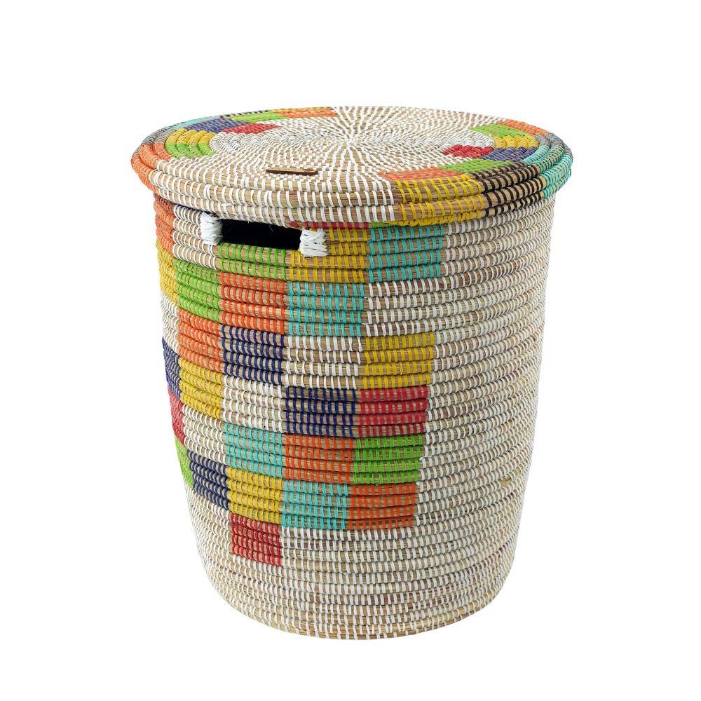 YAADU Aufbewahrungskorb mit flachem Deckel 42L - Wäschesammler, Aufbewahrungskorb, Ordnung, Handgefertigt in Afrika aus traditioneller Flechtkunst