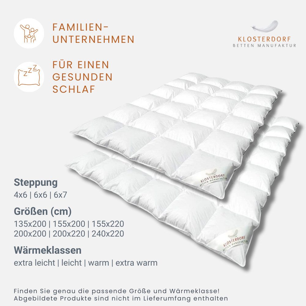 Klosterdorf Betten-Manufaktur Daunenbettdecke Premium Daunendecke Sommerdaunendecke Sommerdecke - nonplusultra -, Füllung: 100% neue reine weiße deutsche Gänsedaune Klasse I, Für erholsamen und gesunden Schlaf, liebevolle Handarbeit aus unserem deutschen Familienbetrieb