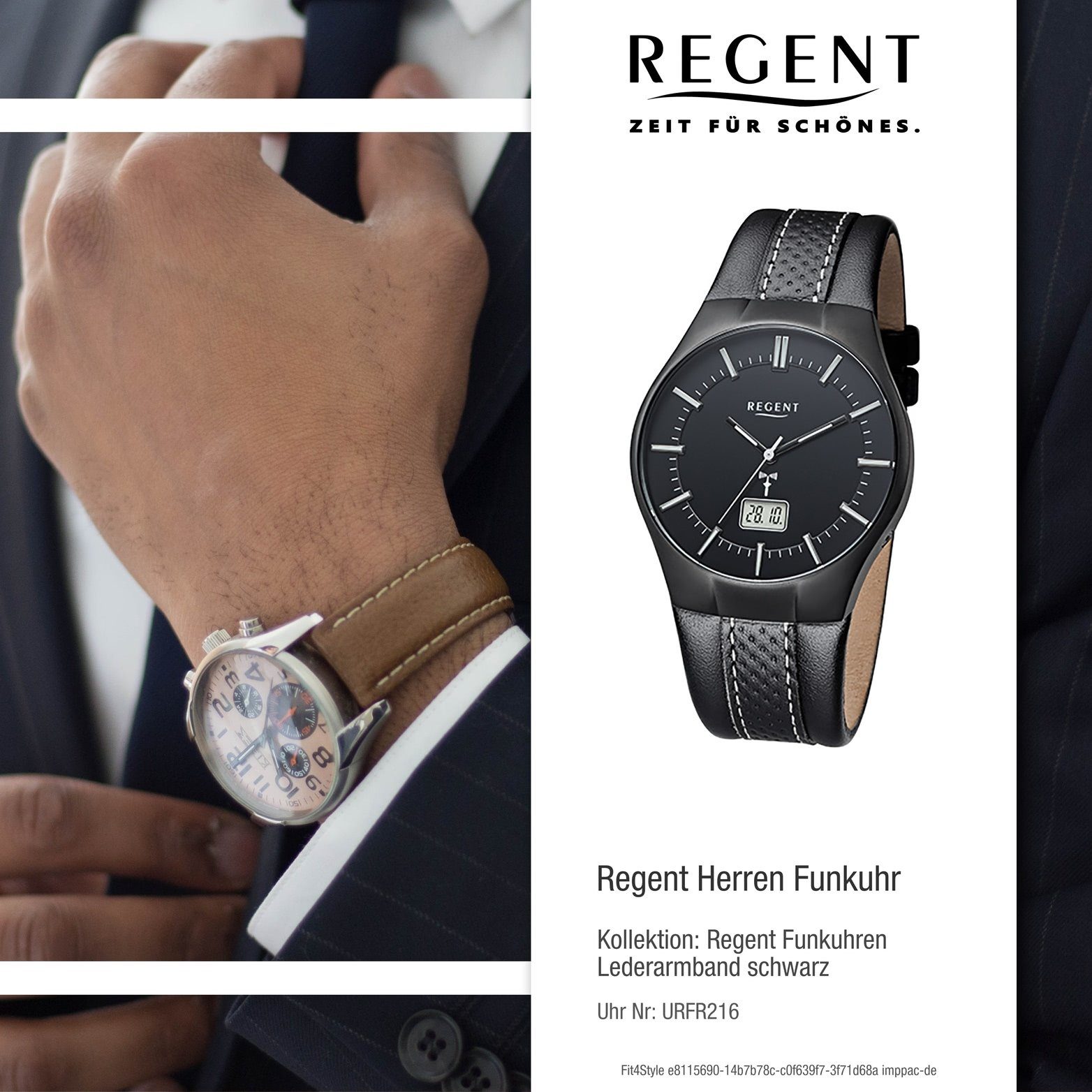 Regent Funkuhr (ca. 39mm), Funkuhr, mit Elegant-Style Regent Uhr rundes Lederarmband, Leder FR-216 Herren Herrenuhr Gehäuse