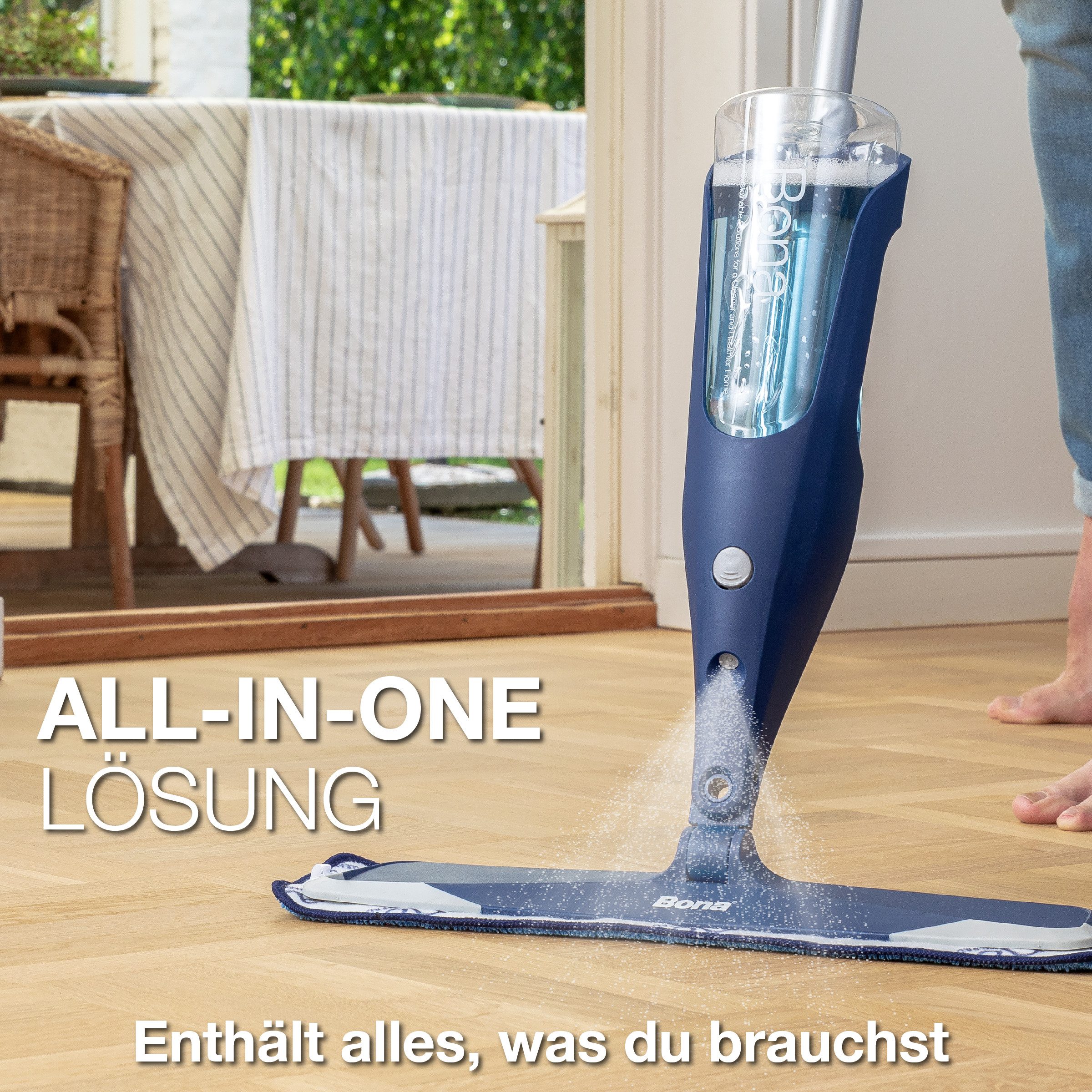 Bona Sprühwischer Premium Spray Mop mit 850 ml Kartusche für Holzböden Rückstandsfrei, Schnell trocknend, pH-neutral