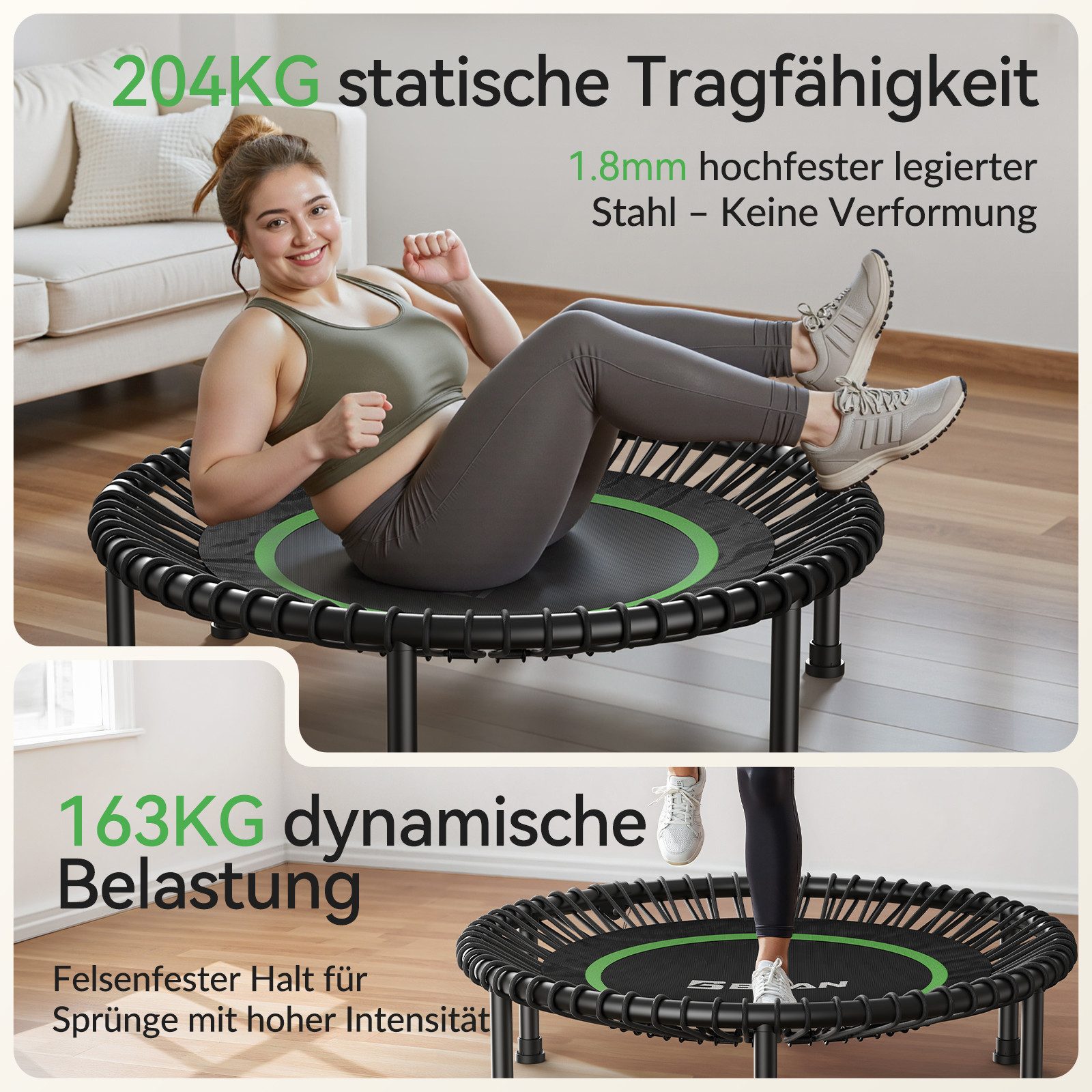 BCAN Fitnesstrampolin Mini-Trampolin, klappbar, leise, Gummiseile, Ø 102 cm, (1 tlg), ohne Griff, schwarz
