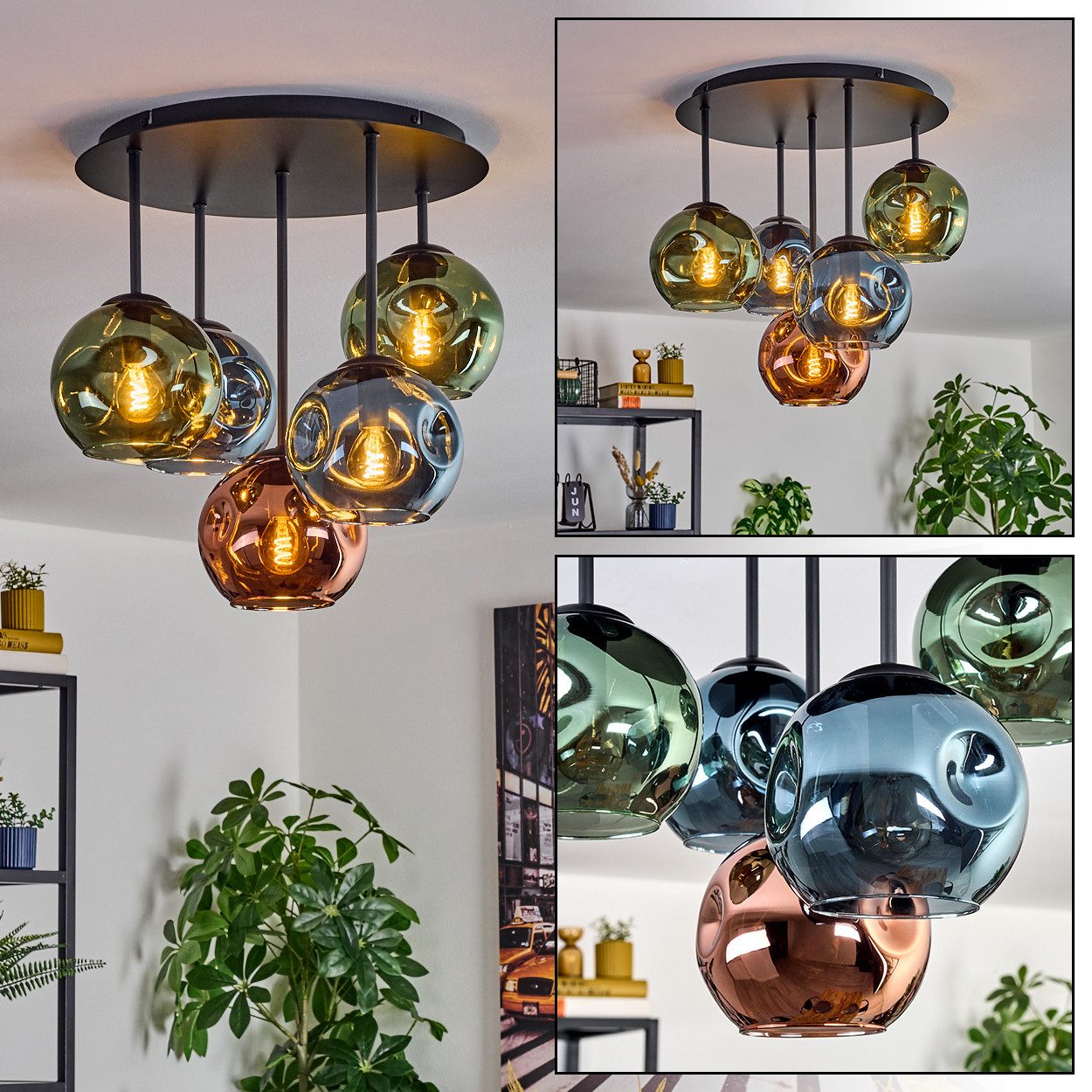 hofstein Deckenleuchte Deckenlampe aus Metall/Glas in Schwarz/Grün/Blau/Kupferfarben, Deckenleuchte im Retro/Vintage-Design (Schirme Ø 15 cm), 5 x E14