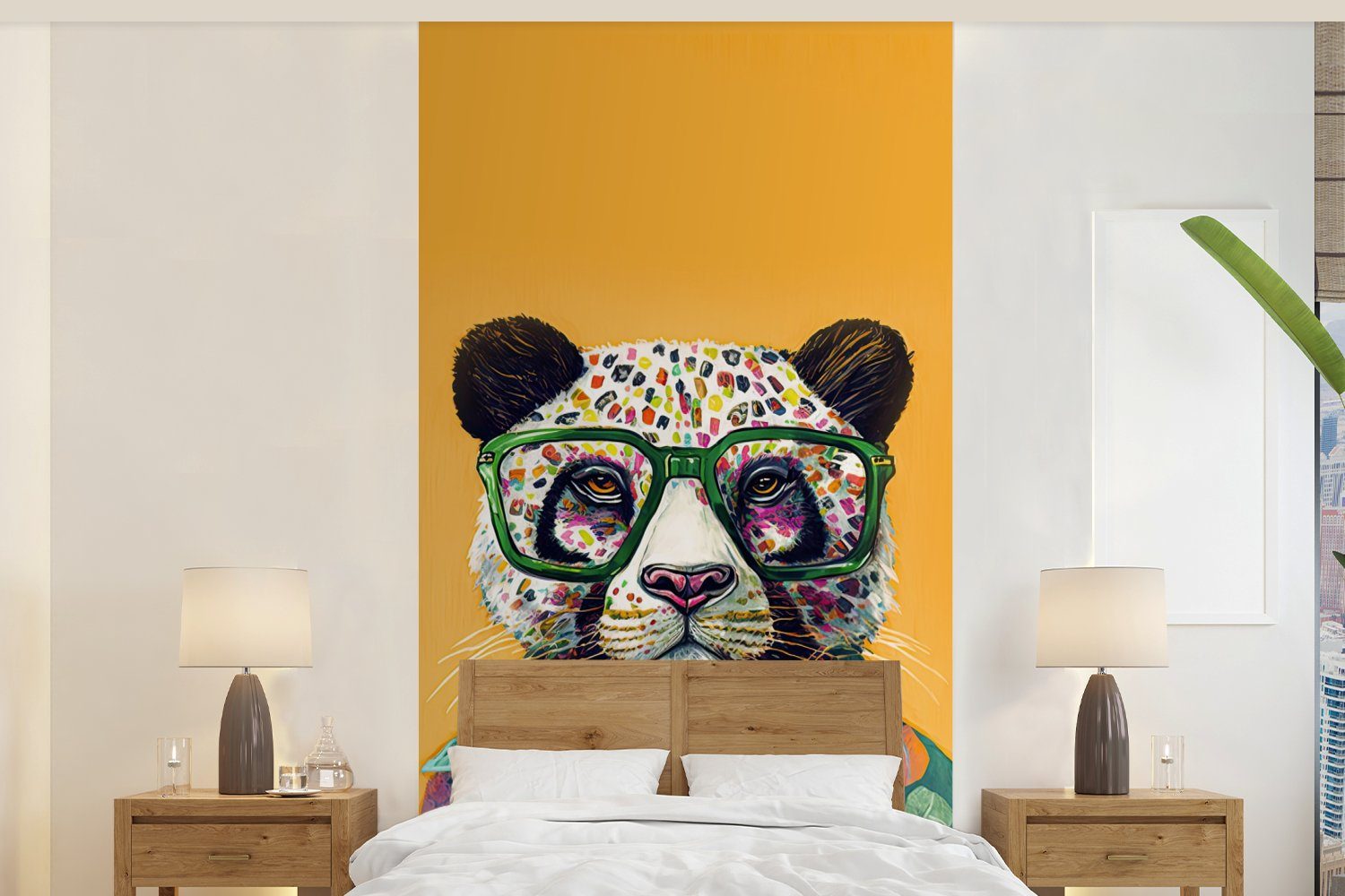 MuchoWow Fototapete Panda - Brille - Hippie, Matt, bedruckt, (2 St), Vliestapete für Wohnzimmer Schlafzimmer Küche, Fototapete