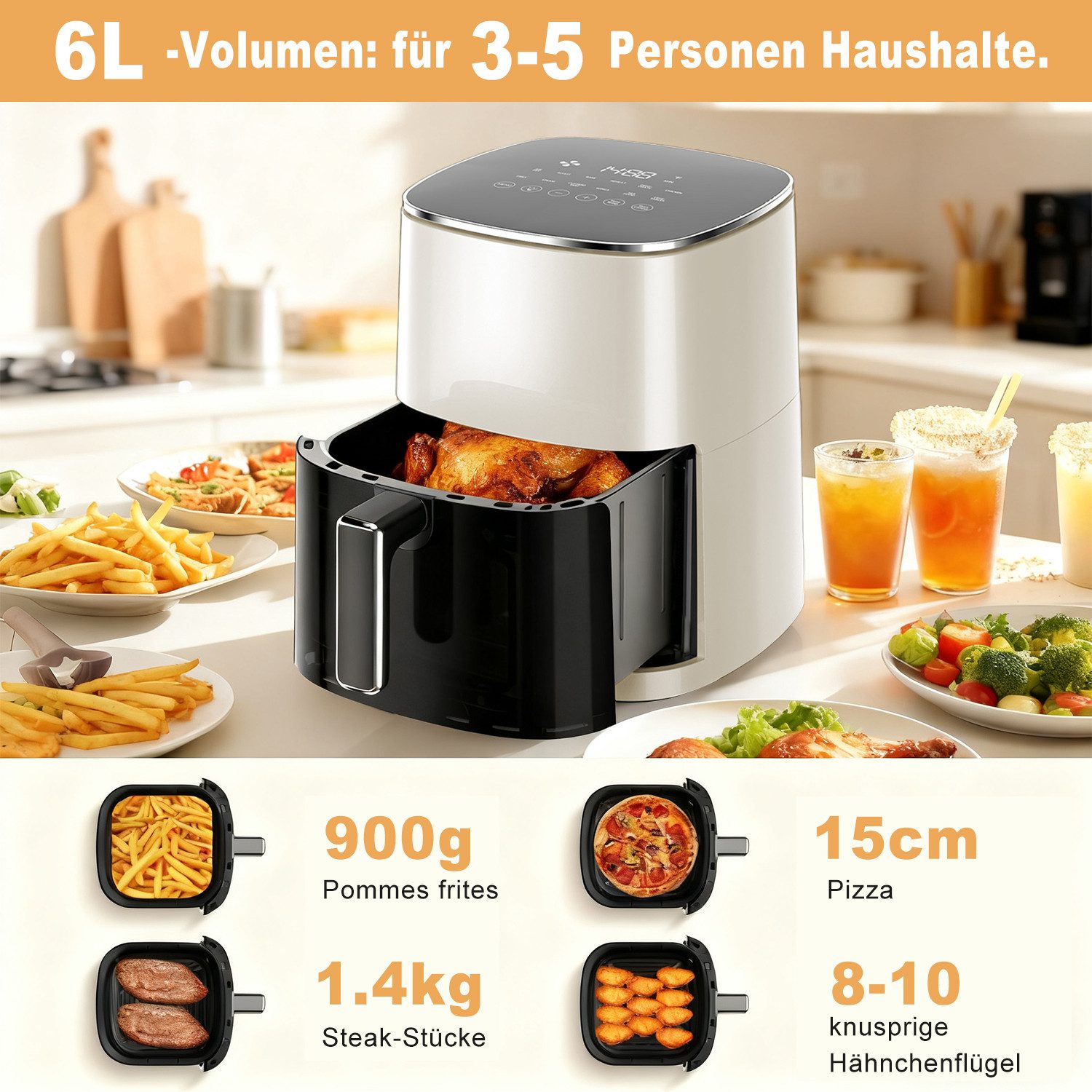 AIMAX Heißluftfritteuse XXL Airfryer 6L Touch Display, Sichtfenster 12 Automatikprogramme, 1700 W, Spülmaschinenfest, fettarmes gesundes Kochen, Für 3-5 Personen