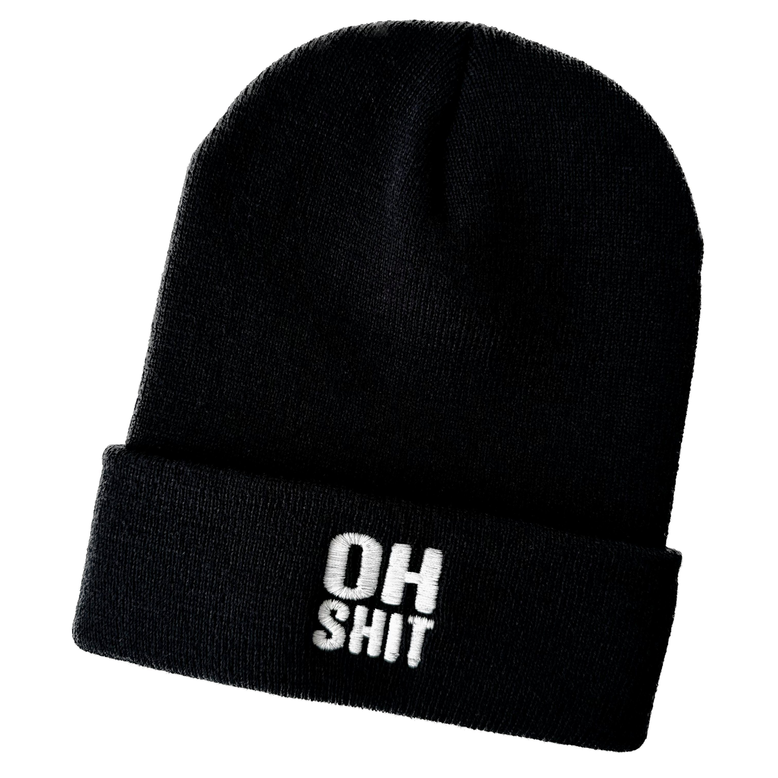 Schnoschi Strickmütze Wintermütze Oh shit (Long Beanie) bestickt Spruch Streetwear Unisex mit breitem Umschlag und Stickerei